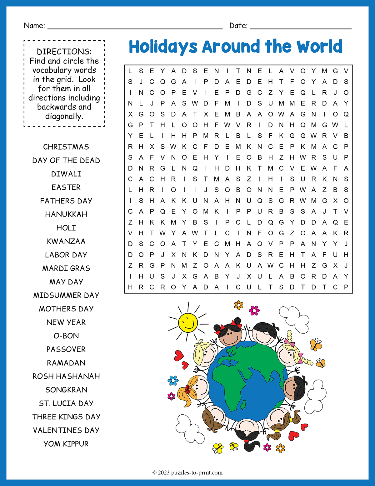 Free Printable Holidays Around The World Word Search