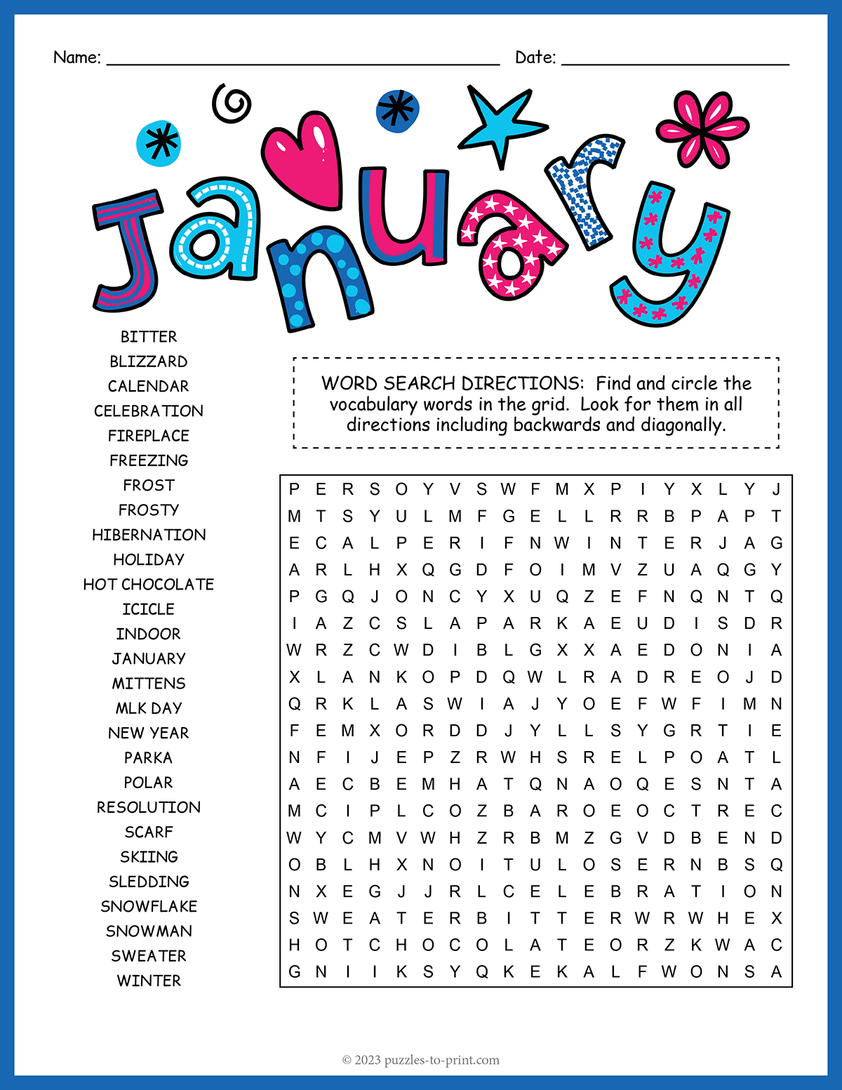 Free Printable January Word Search
