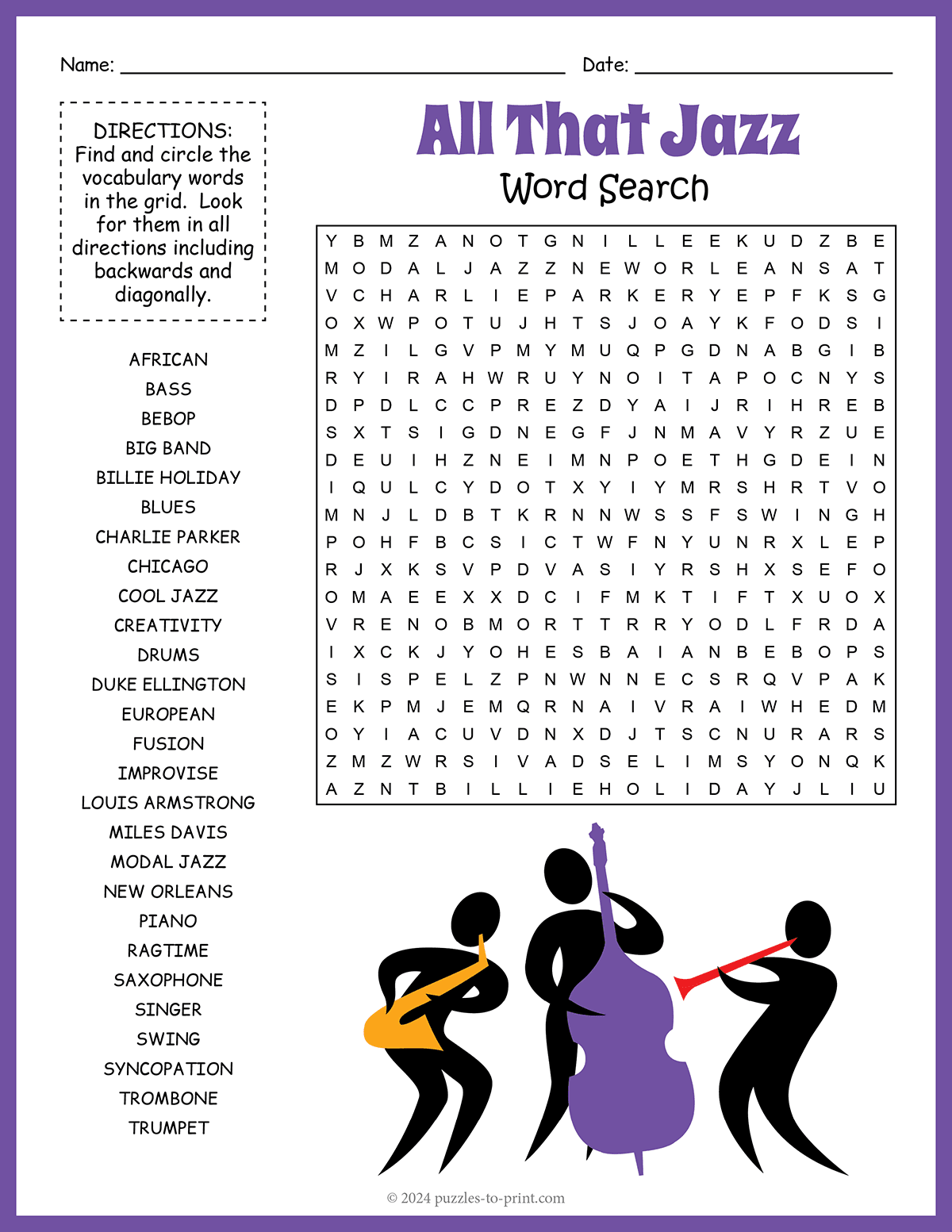 Free Printable Jazz Music Word Search