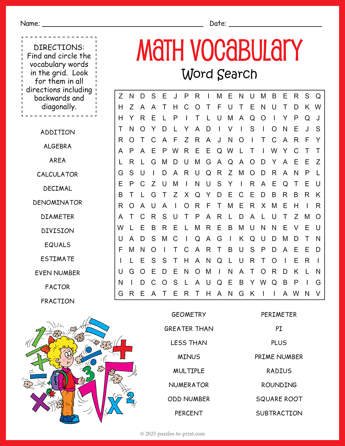 Free Printable Math Vocabulary Word Search