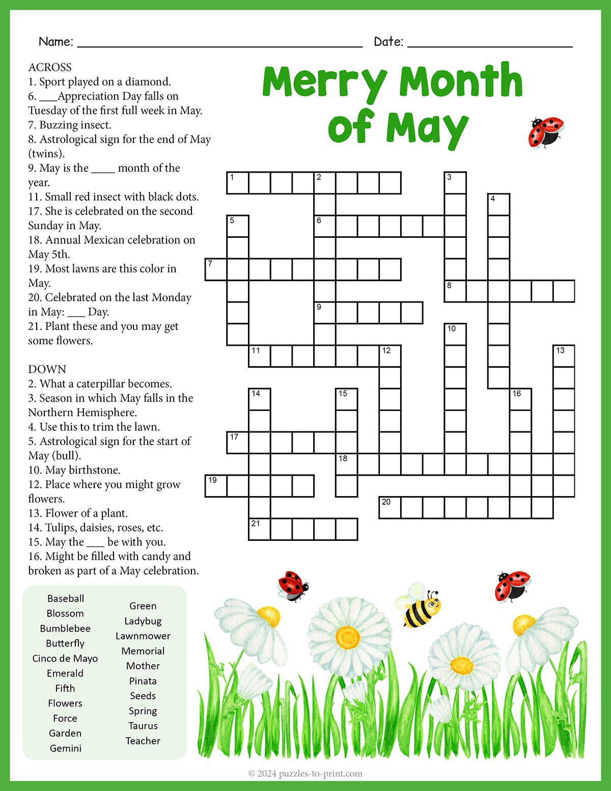 Free Printable May Crossword