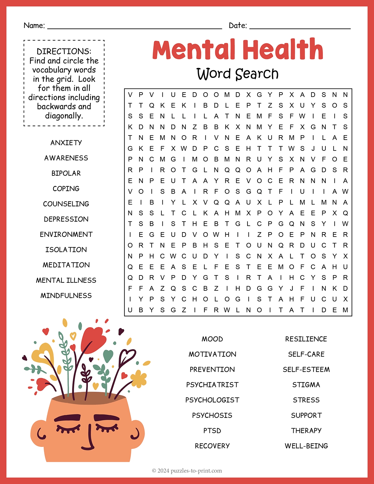 Free Printable Mental Health Word Search