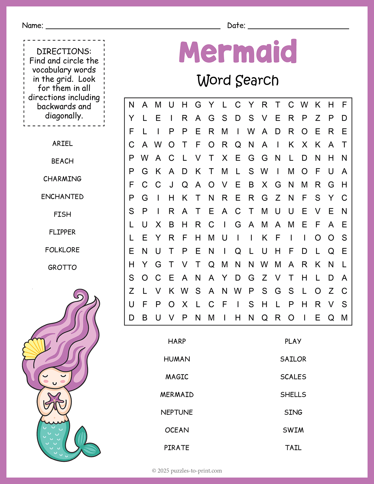 Free Printable Mermaid Word Search