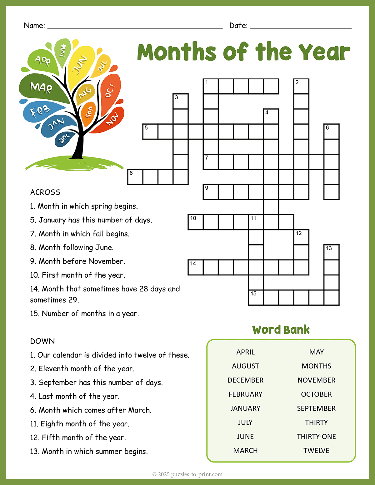Free Printable Months Of The Year Crossword
