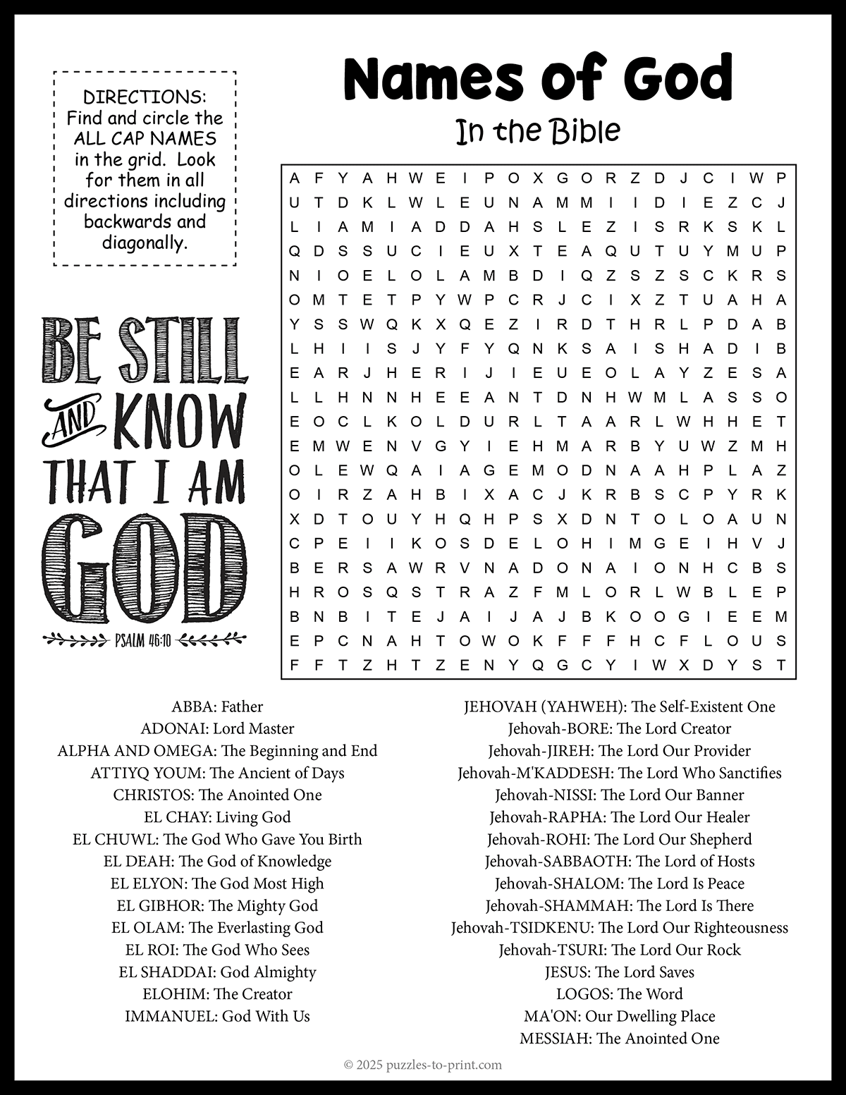 Free Printable Names Of God Word Search