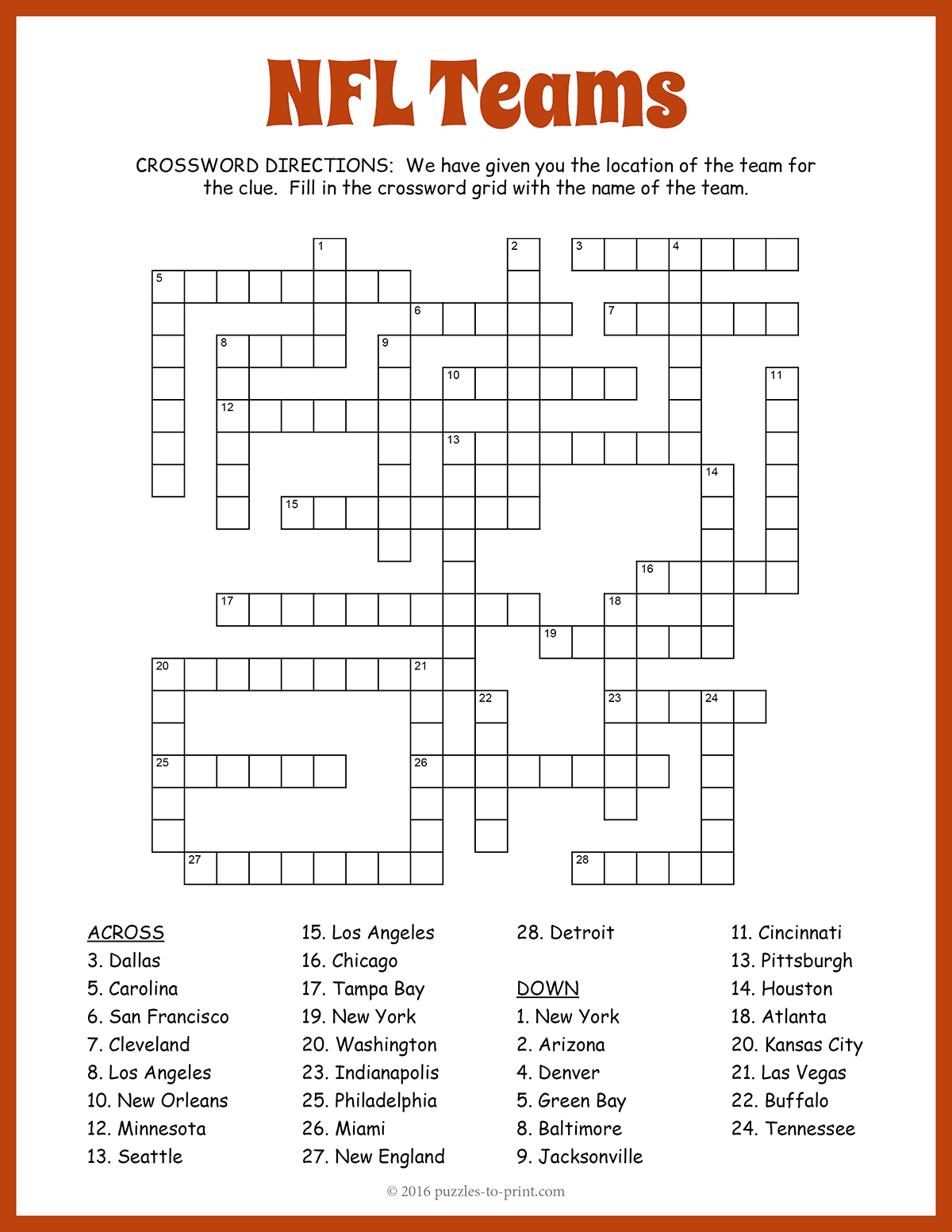 Free Printable Nfl Teams Crossword
