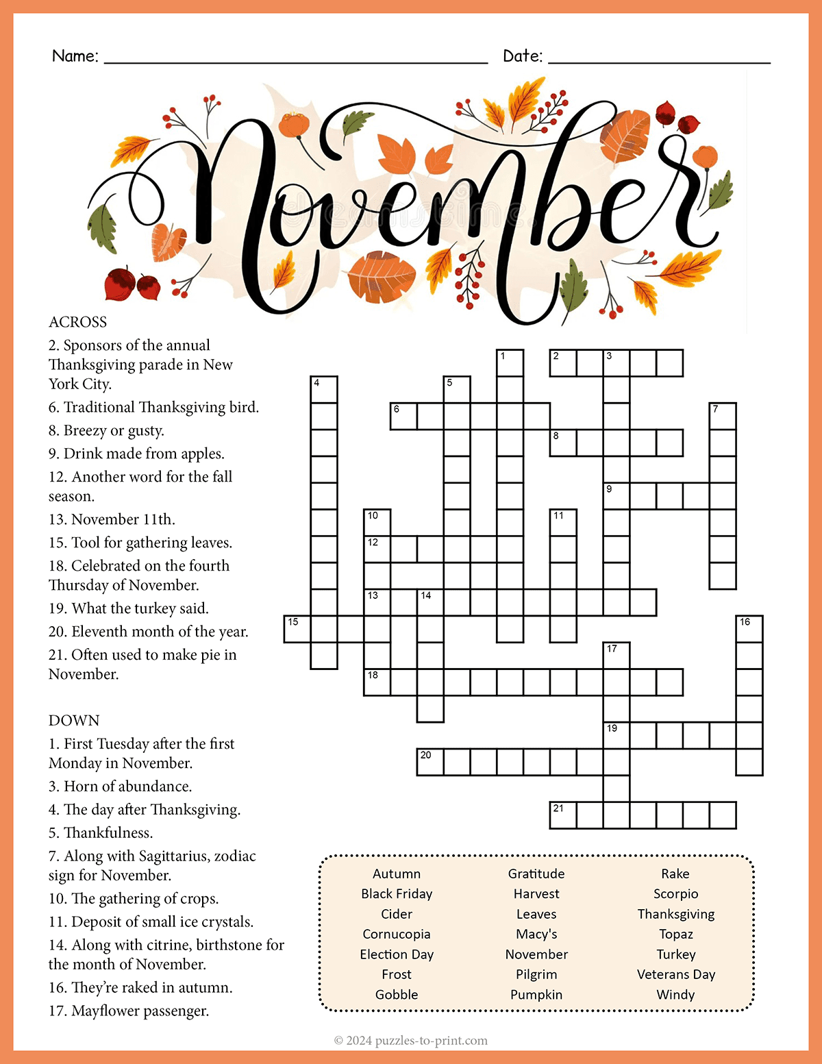 Free Printable November Crossword