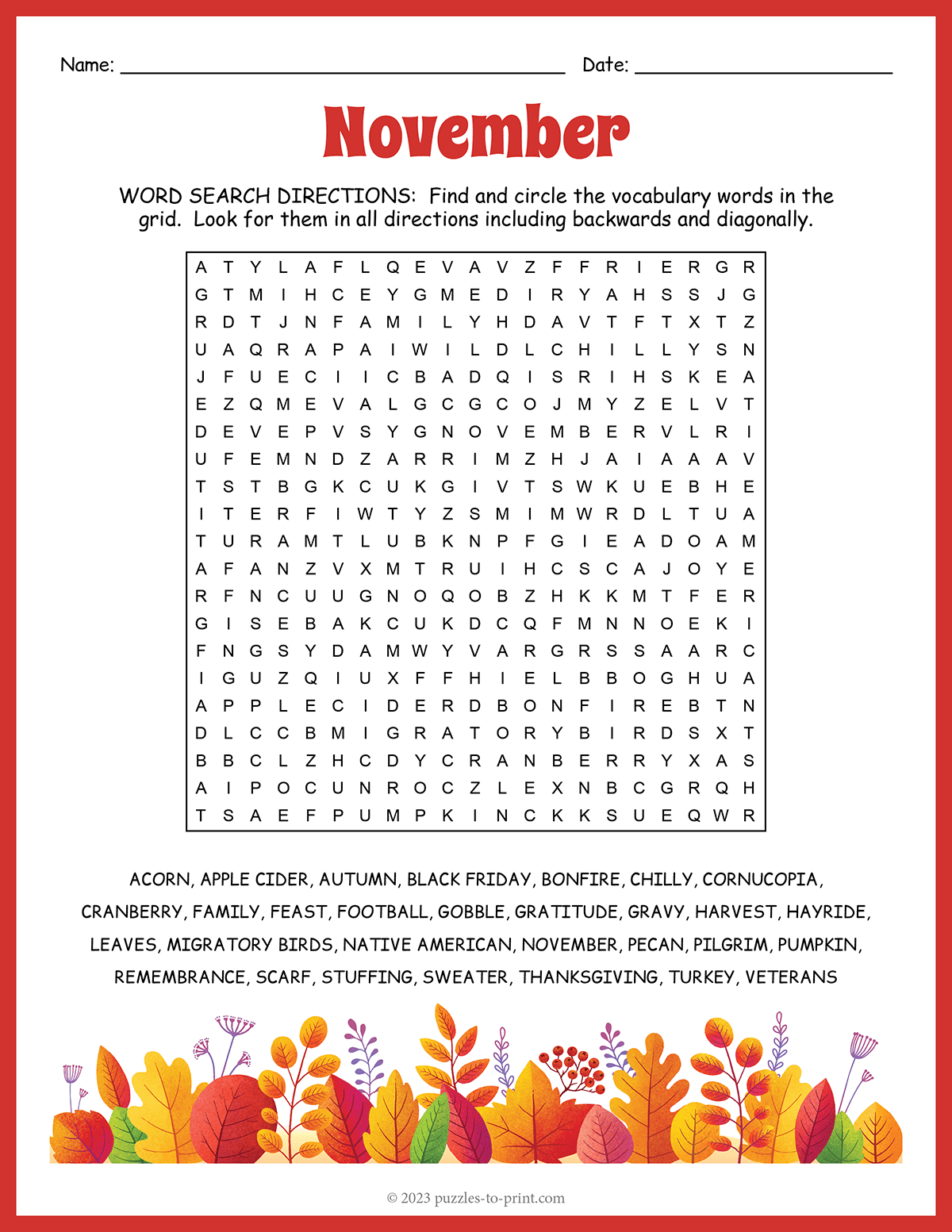 Free Printable November Word Search