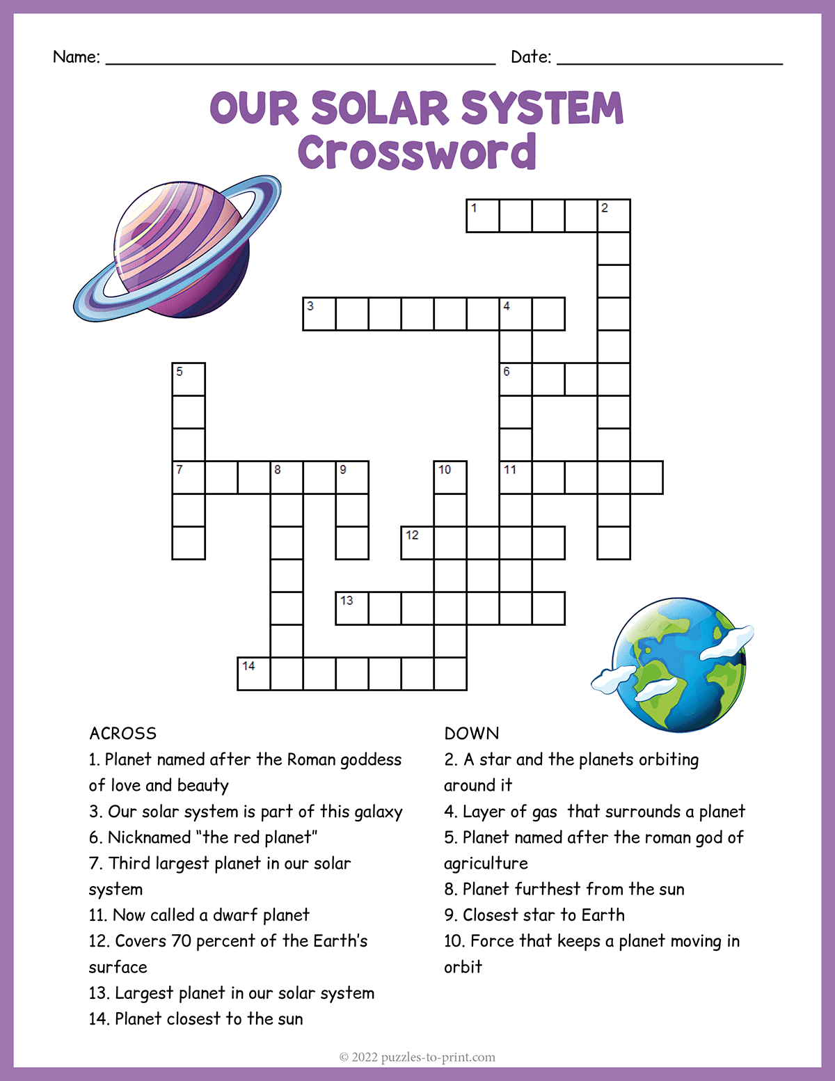 Free Printable Our Solar System Crossword