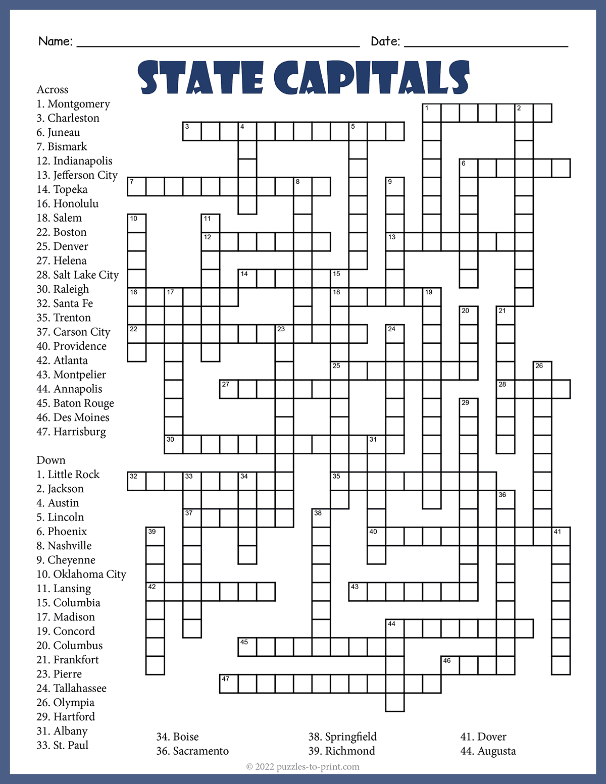 Free Printable State Capitals Crossword