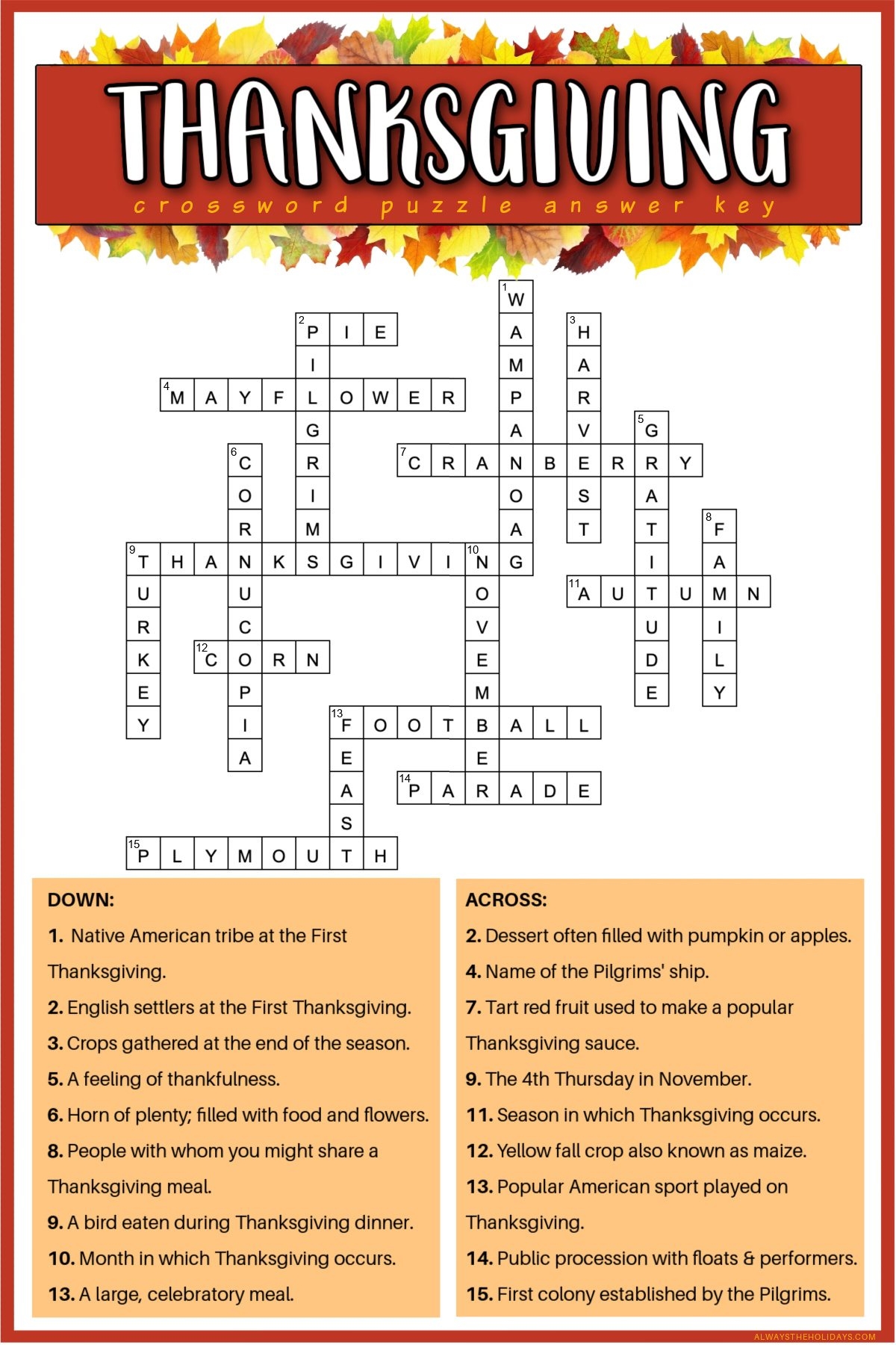 Free Printable Thanksgiving Crossword Puzzle With Answer Key
