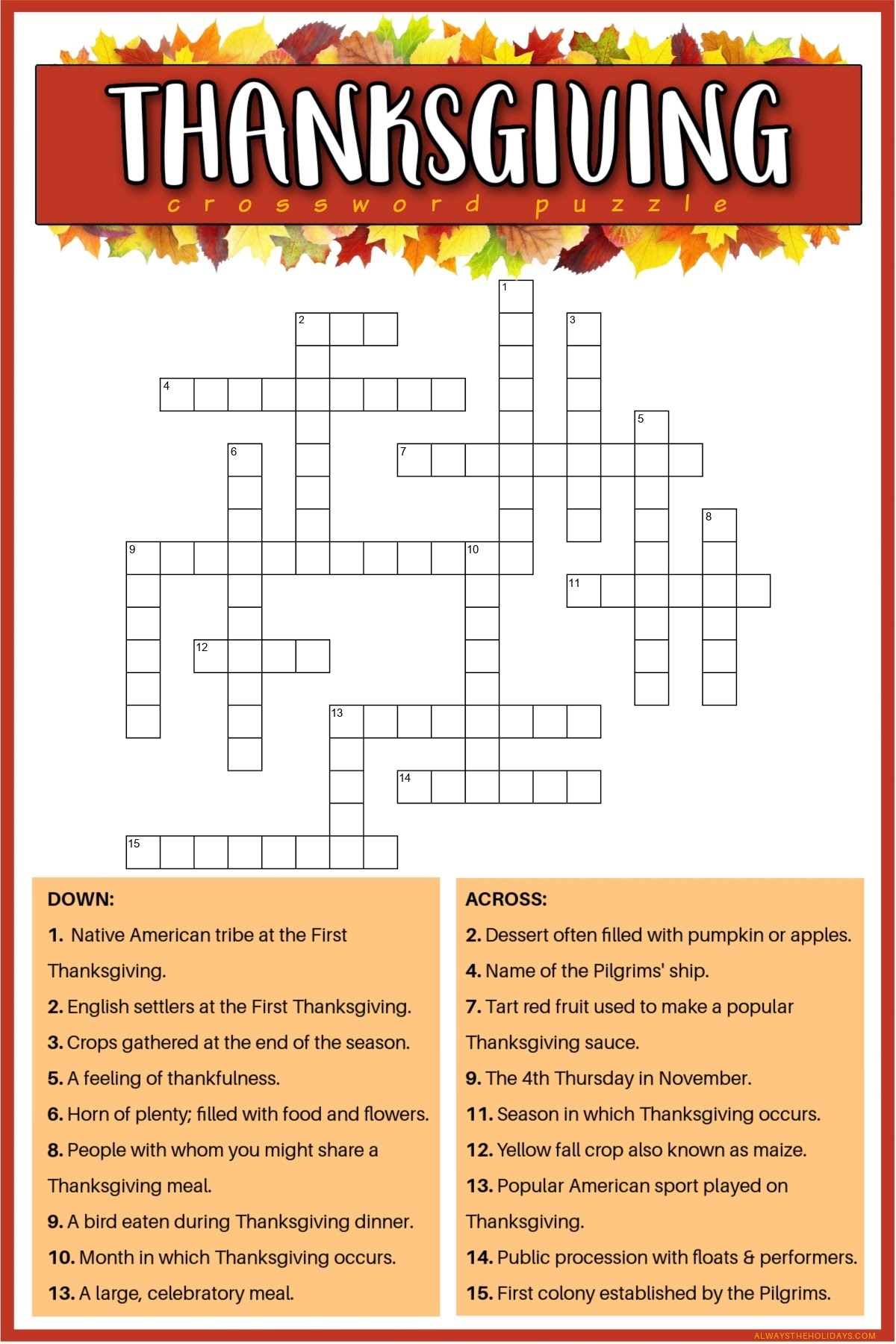 Free Printable Thanksgiving Crossword Puzzle With Answer Key