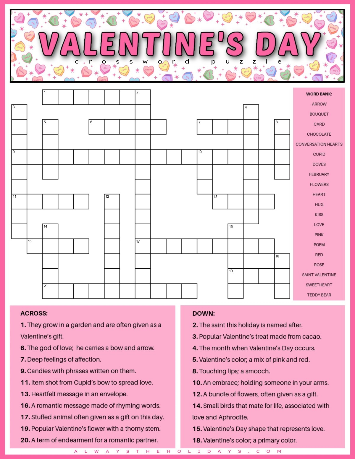 Free Printable Valentine s Day Crossword Puzzle PDF JPG 