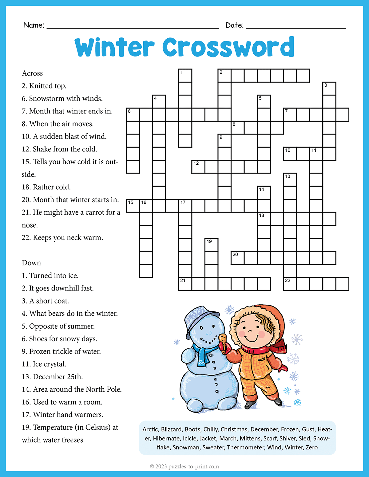 Free Printable Winter Crossword