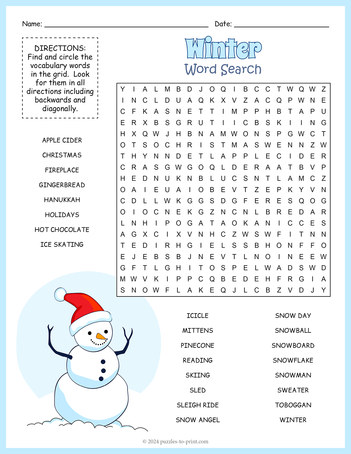 Free Printable Winter Word Search