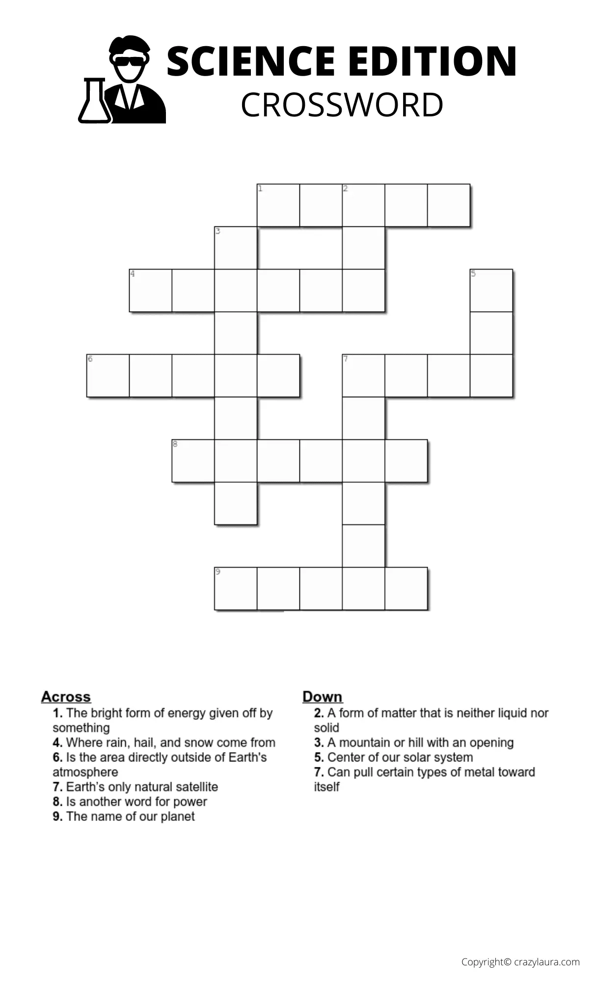Free Science Crossword Printable Game Sheets Crazy Laura