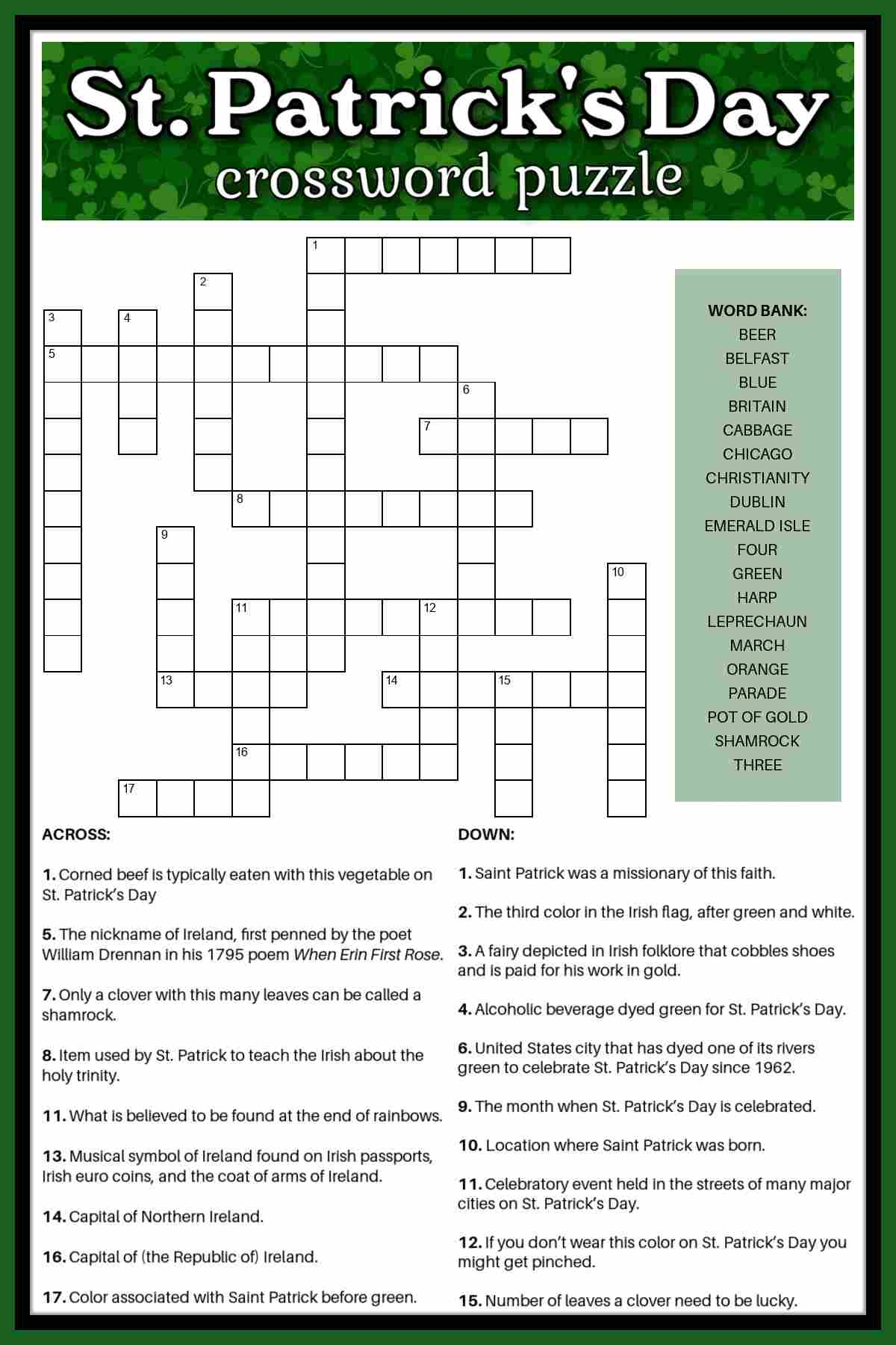 Free St Patrick s Day Crossword Puzzle Answer Key Included