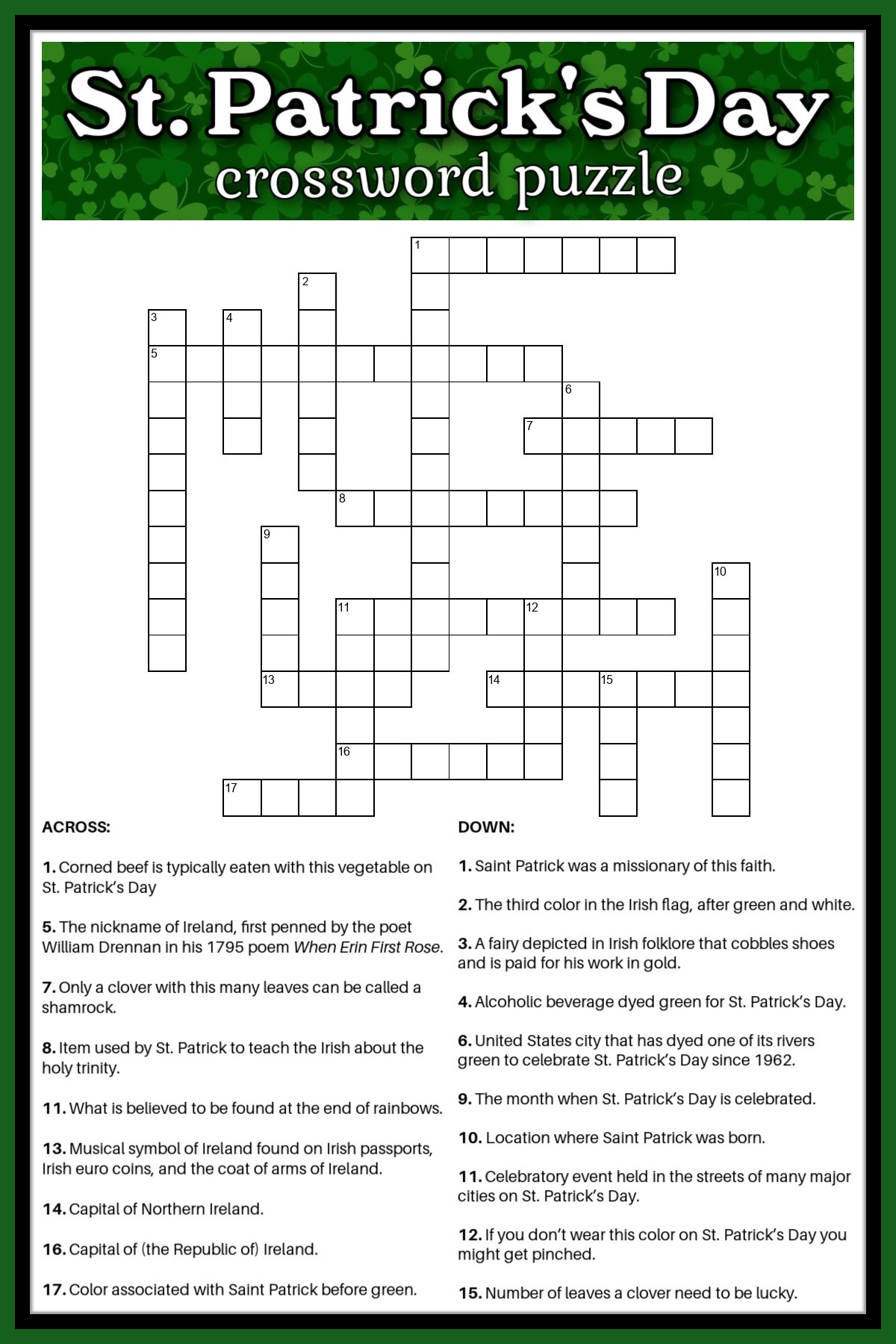 Free St Patrick s Day Crossword Puzzle Answer Key Included