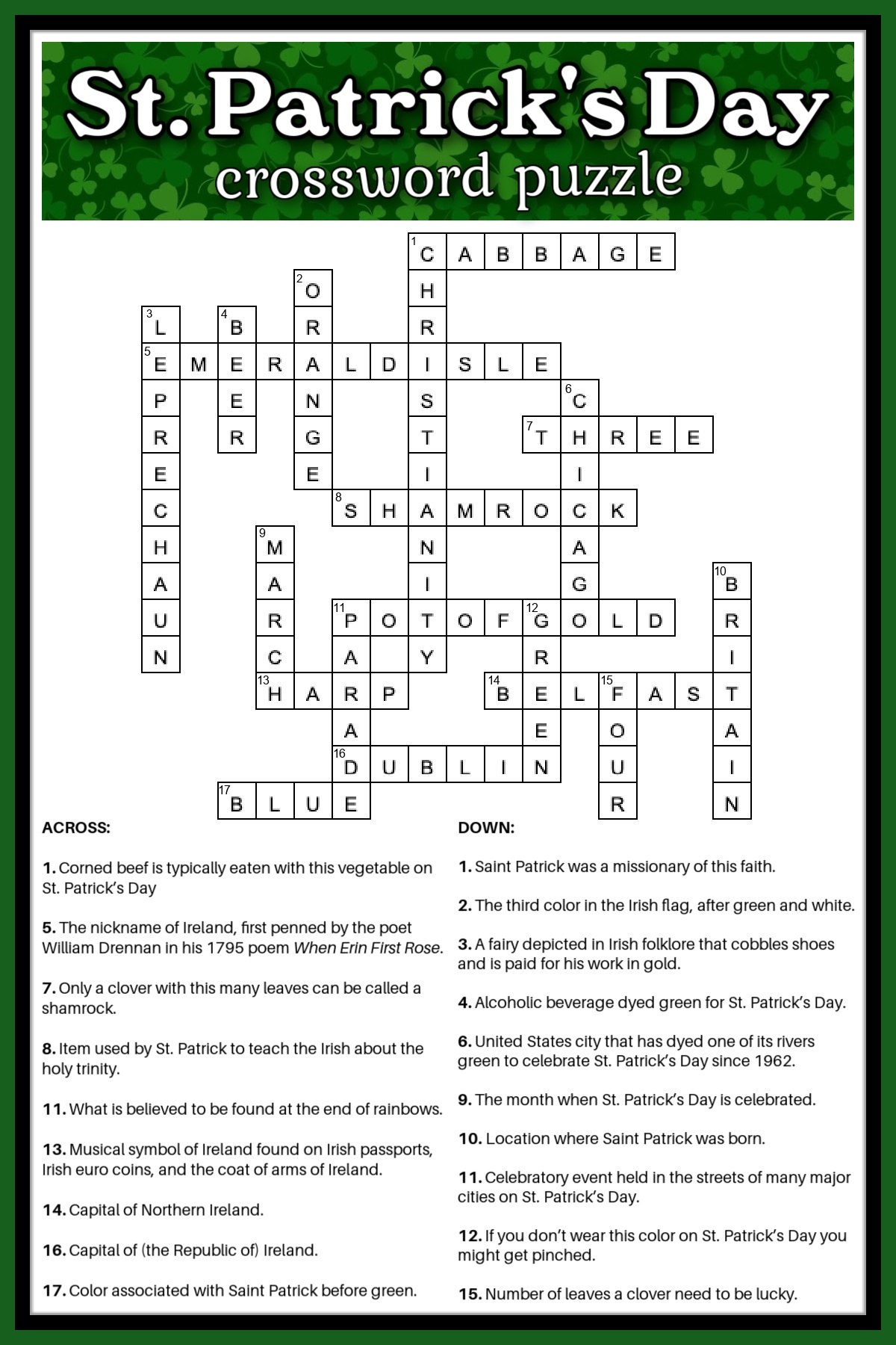 Free St Patrick s Day Crossword Puzzle Answer Key Included