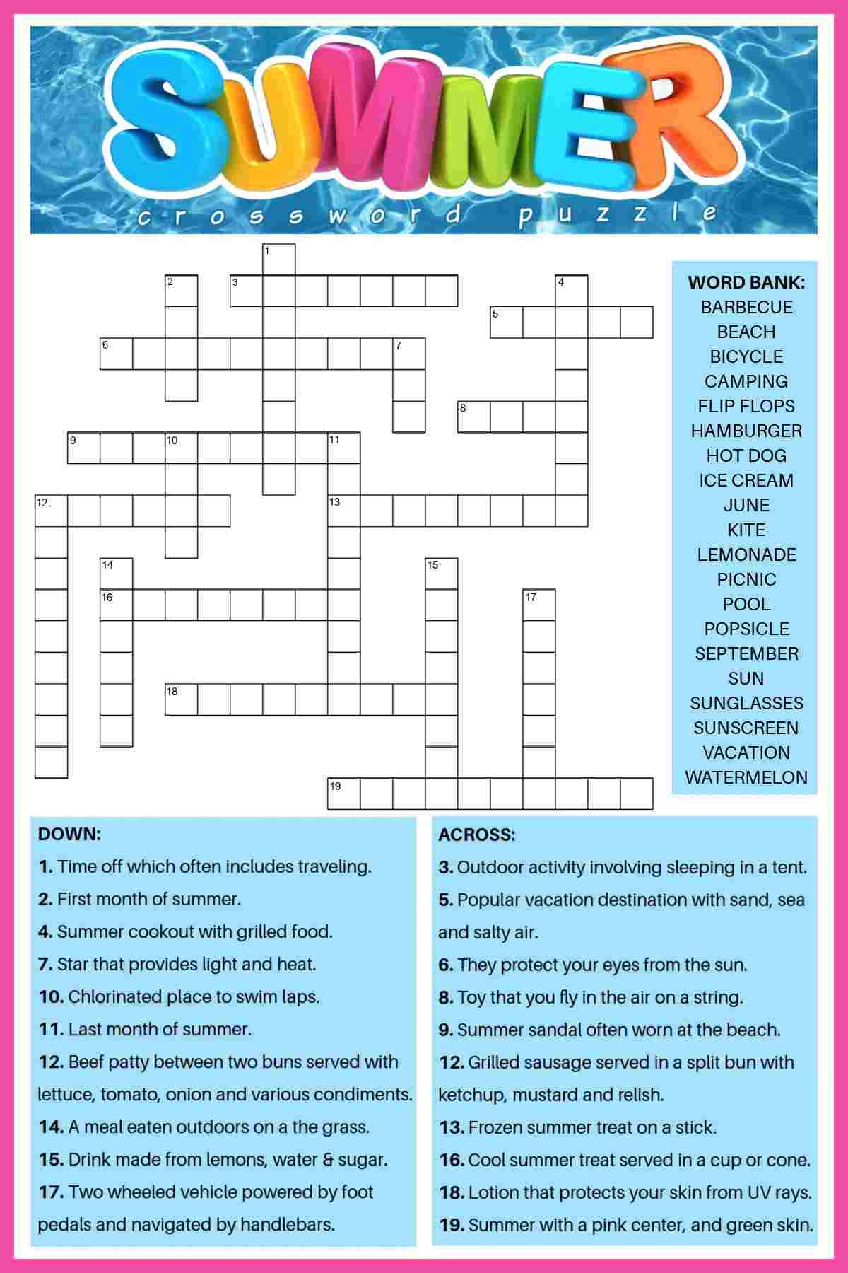 Free Summer Crossword Puzzle 2 Versions Answers Included
