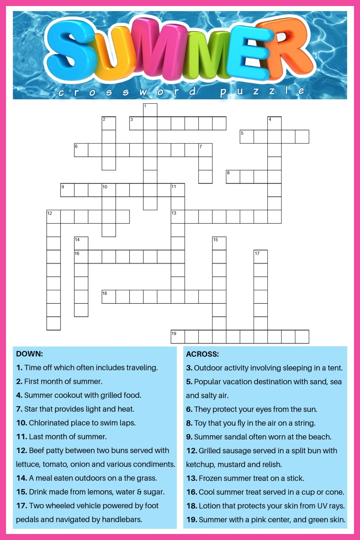 Free Summer Crossword Puzzle 2 Versions Answers Included