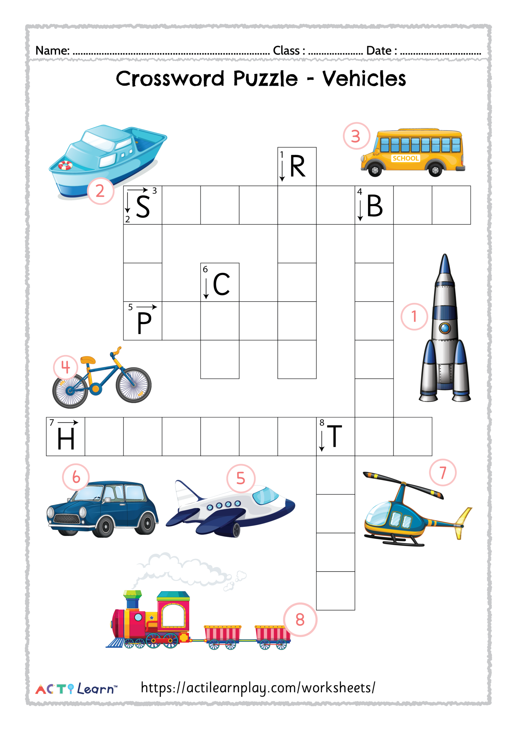 Free Vehicles Crossword For Kids Transportation Activity