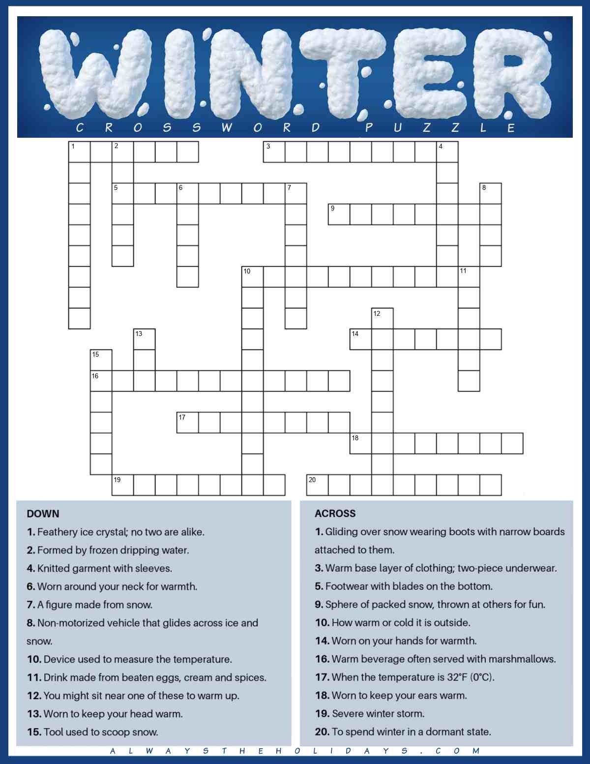 Free Winter Crossword Puzzle Printable With Answers PDF JPG 