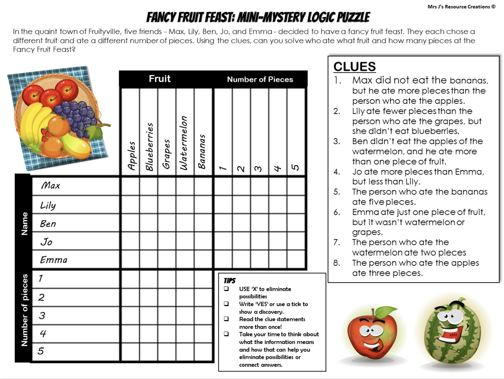 Fruit Mystery Logic Puzzle Brain Teaser Worksheet Activity Free 21