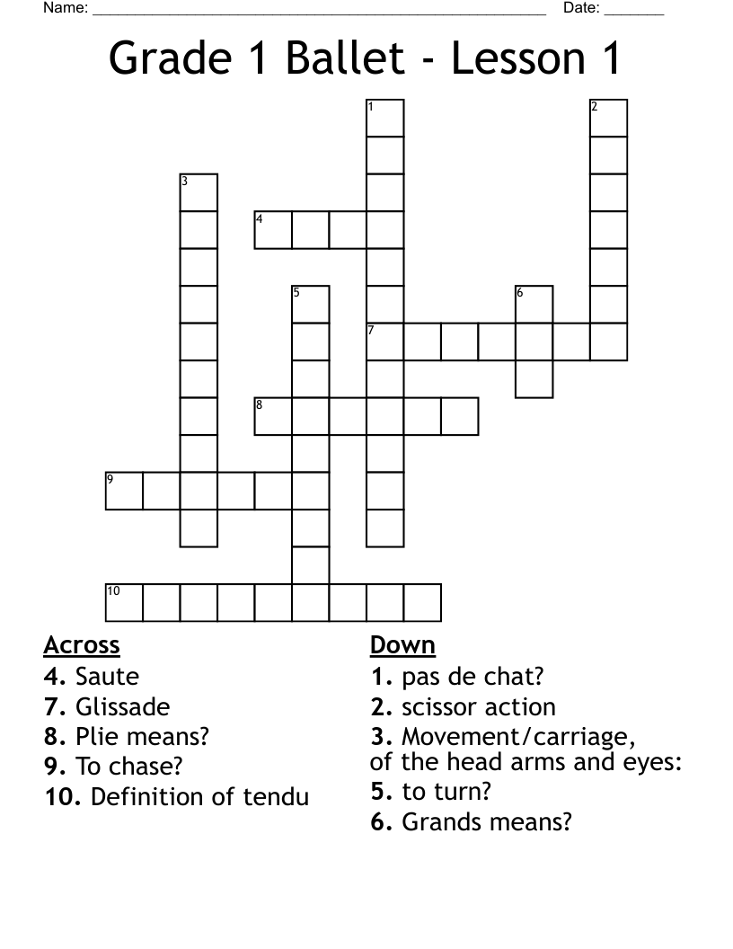 Grade 1 Ballet Lesson 1 Crossword WordMint