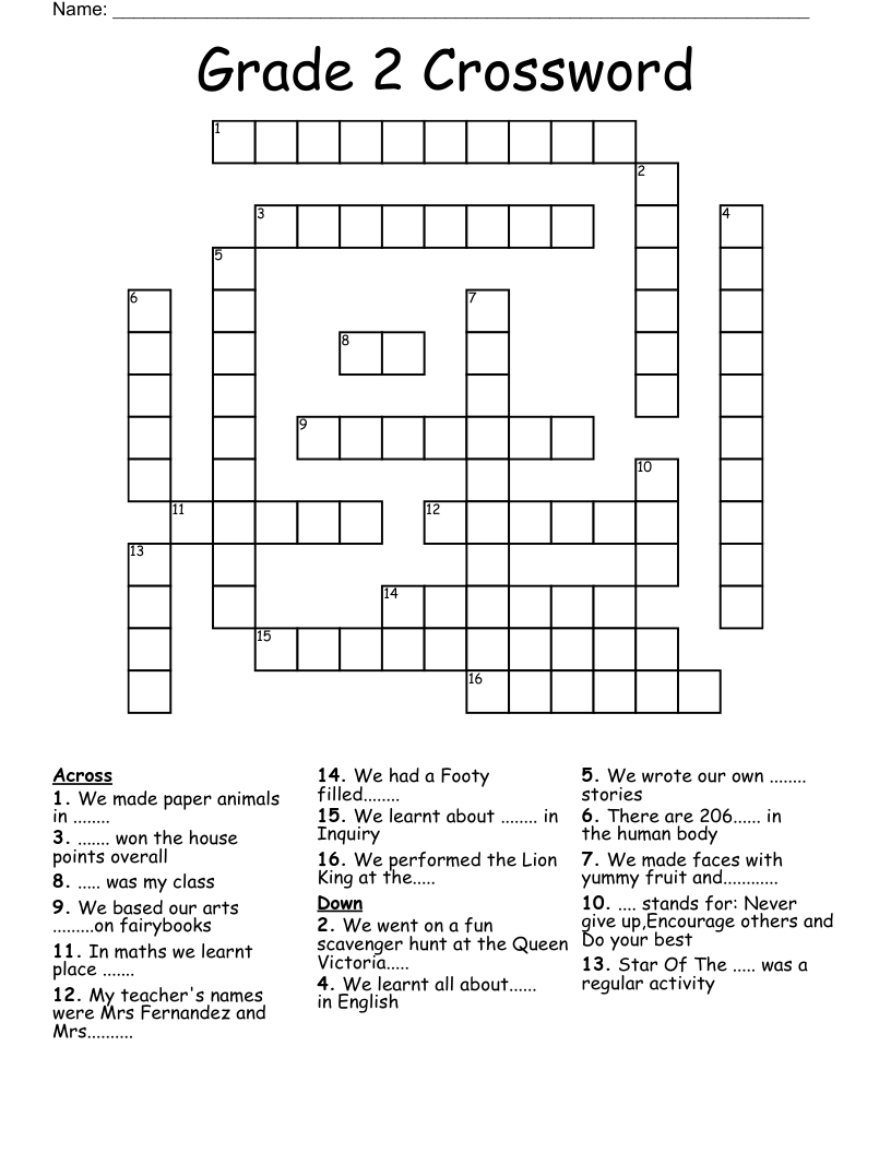 Grade 2 Crossword WordMint Worksheets Library