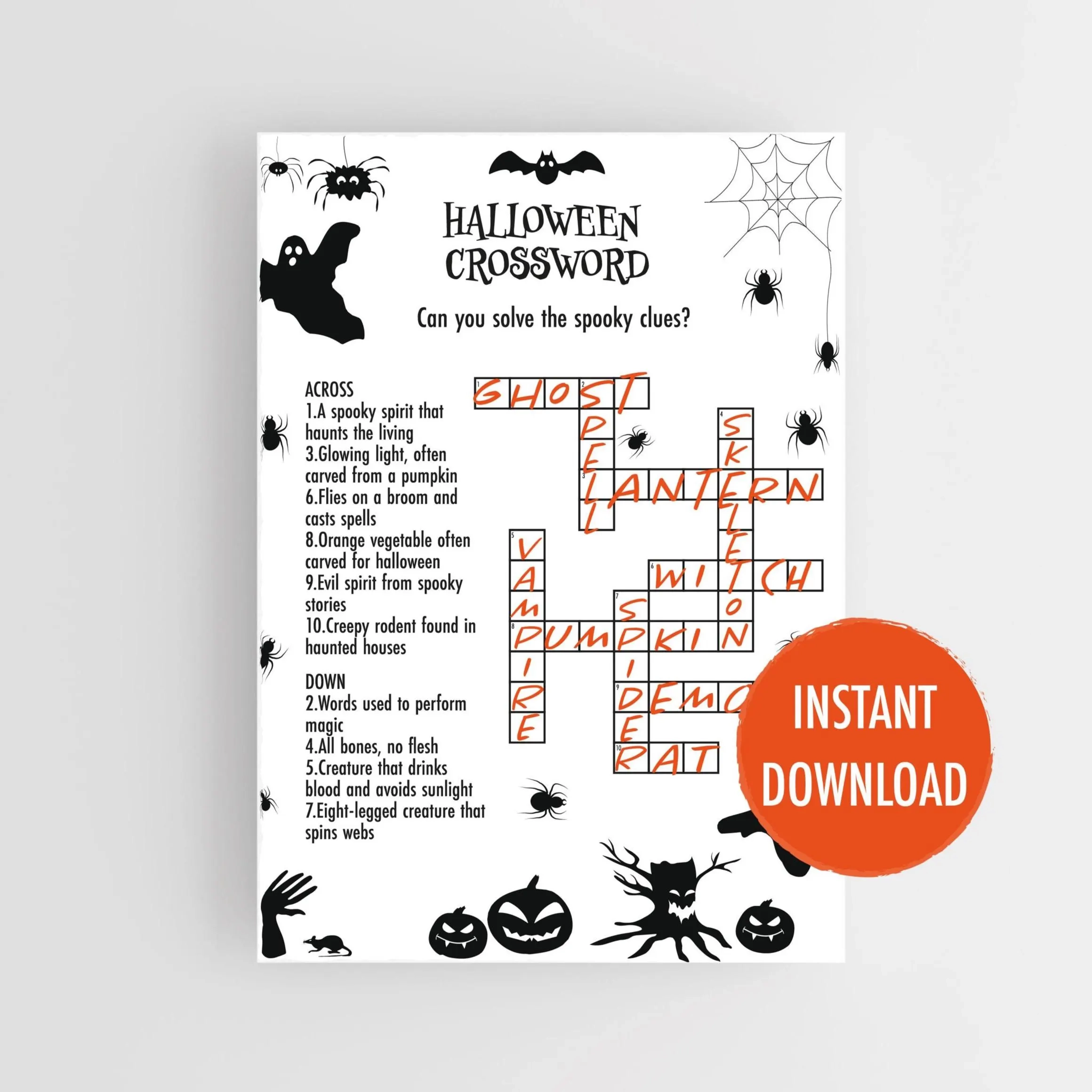 Halloween Crossword Puzzle Printable Spooky Fun Halloween Activity A4 PDF Etsy New Zealand