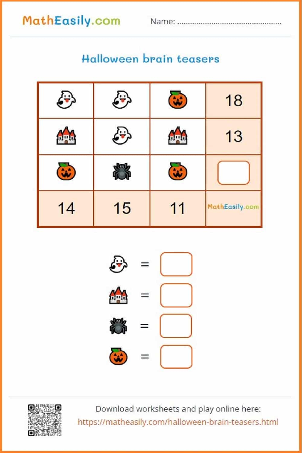 Halloween Math Puzzles ONLINE Printable 
