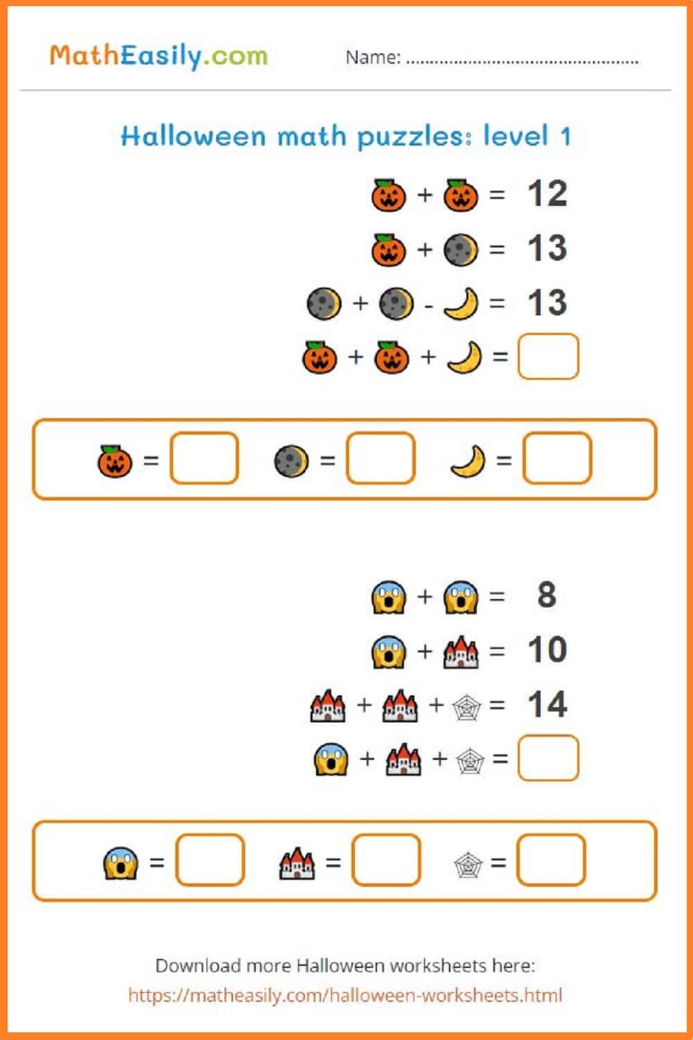 Halloween Math Puzzles ONLINE Printable 