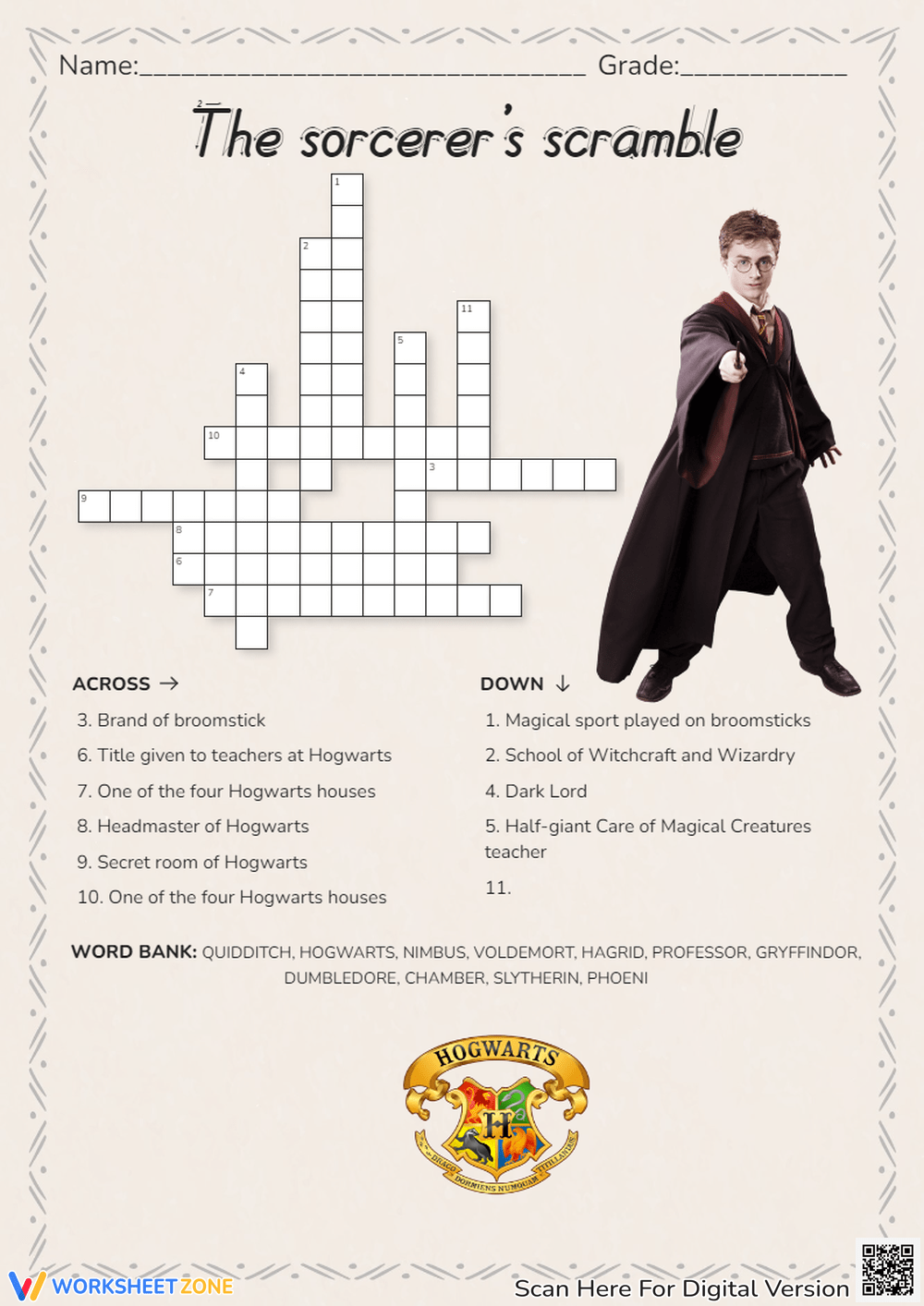 Harry Potter Crossword Worksheets Printable