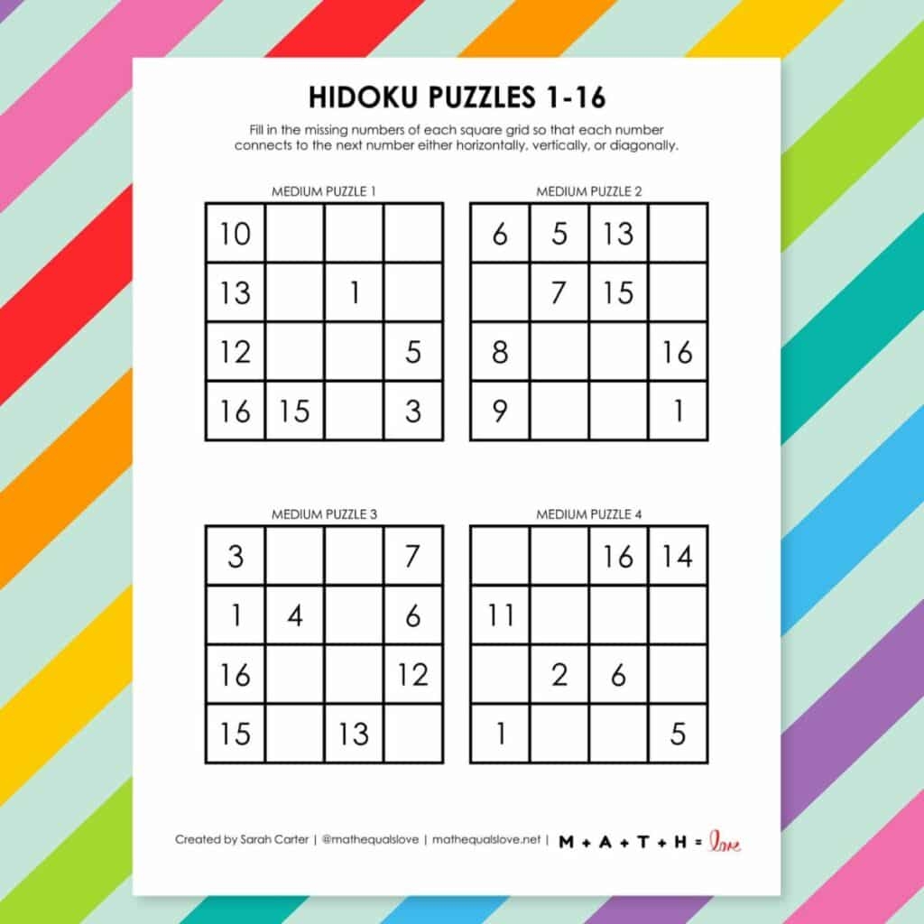 Hidoku Puzzles With Numbers 1 16 Math Love