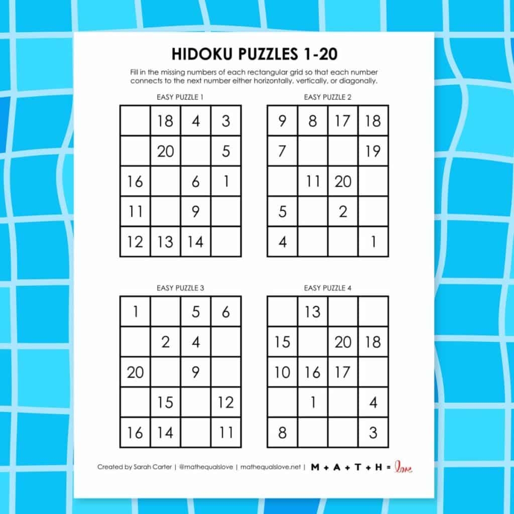 Hidoku Puzzles With Numbers 1 20 Math Love