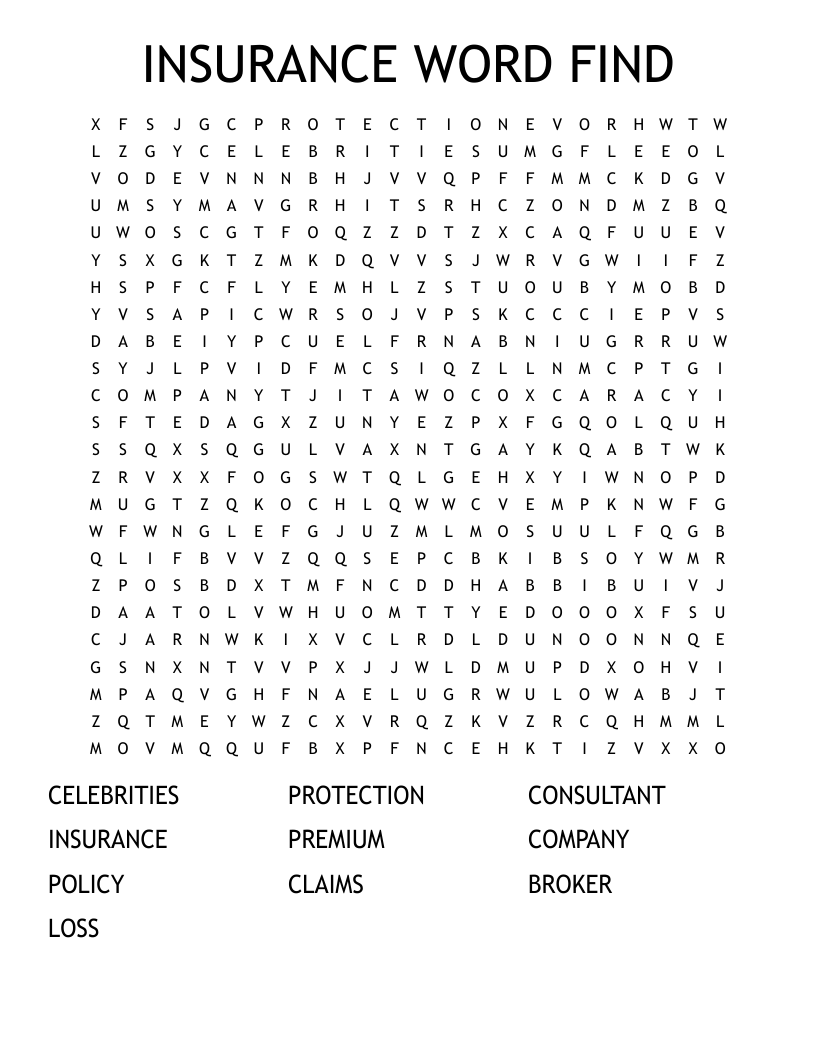 INSURANCE WORD FIND Word Search WordMint