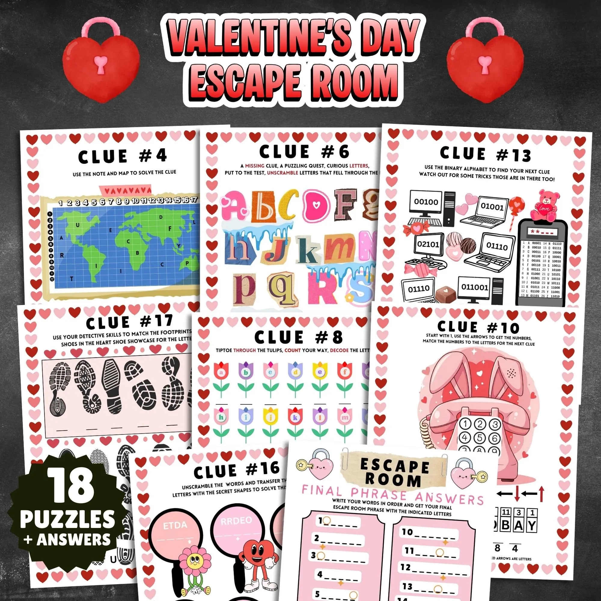 Junior Detective Valentine Escape Room 18 Clue Mystery Game For Kids 10 Ink Saver Printable Classroom Party Logic Puzzles Etsy