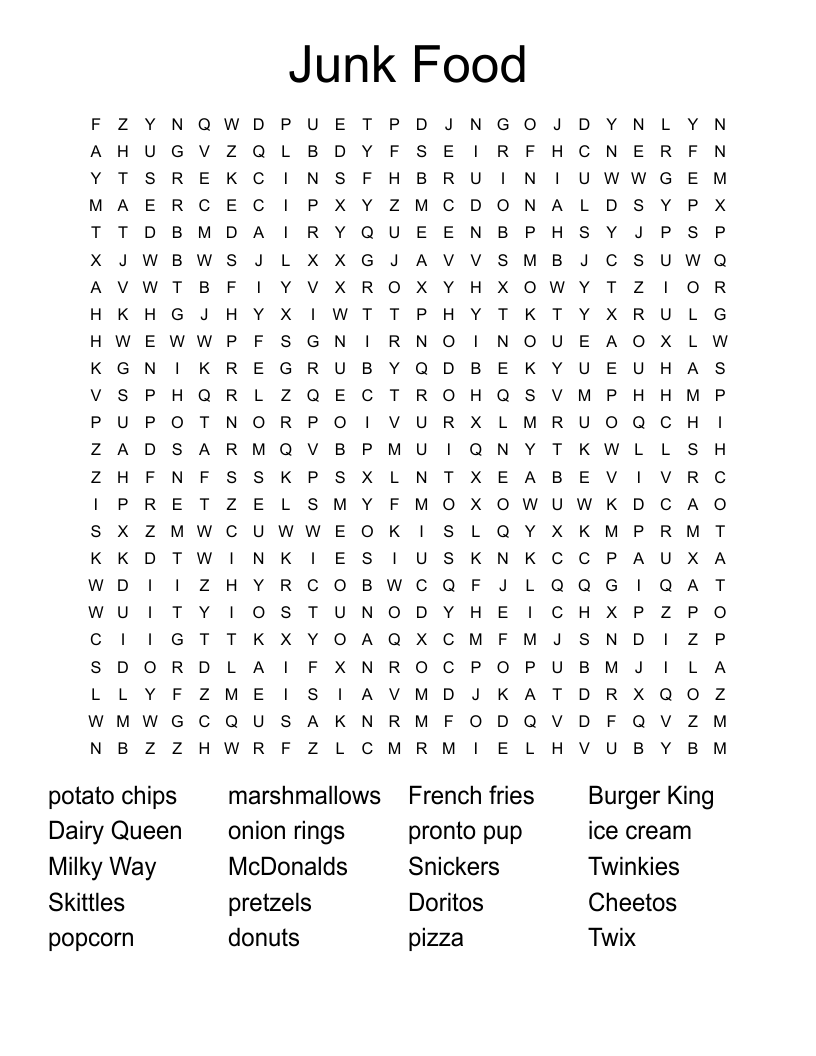 Junk Food Word Search WordMint