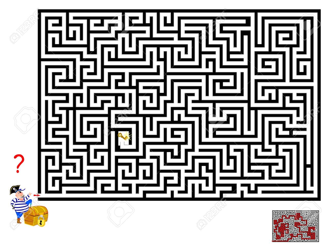 Logical Puzzle Game With Labyrinth For Children And Adults Help Pirate Find Way Till The Key To Open The Chest Printable Worksheet For Kids Brainteaser Book IQ Training Test Vector Cartoon Image 