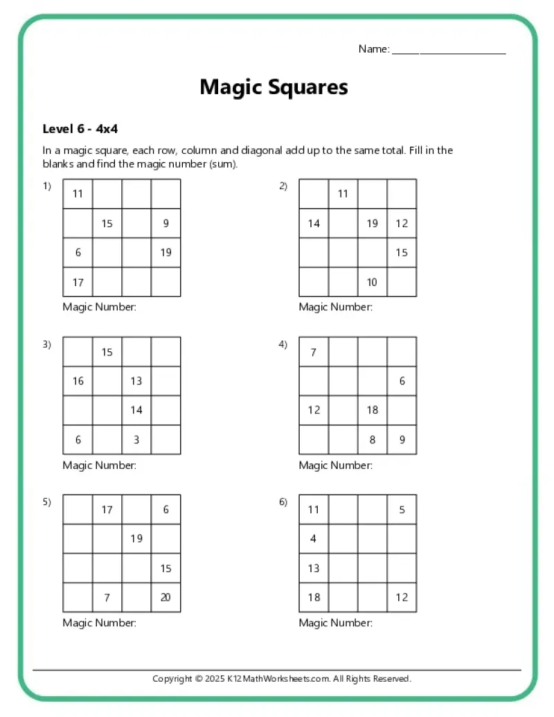 Magic Squares Printable Math Puzzles
