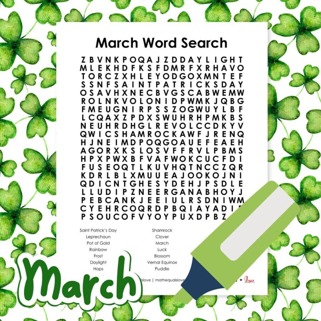 March Word Search Puzzle Math Love