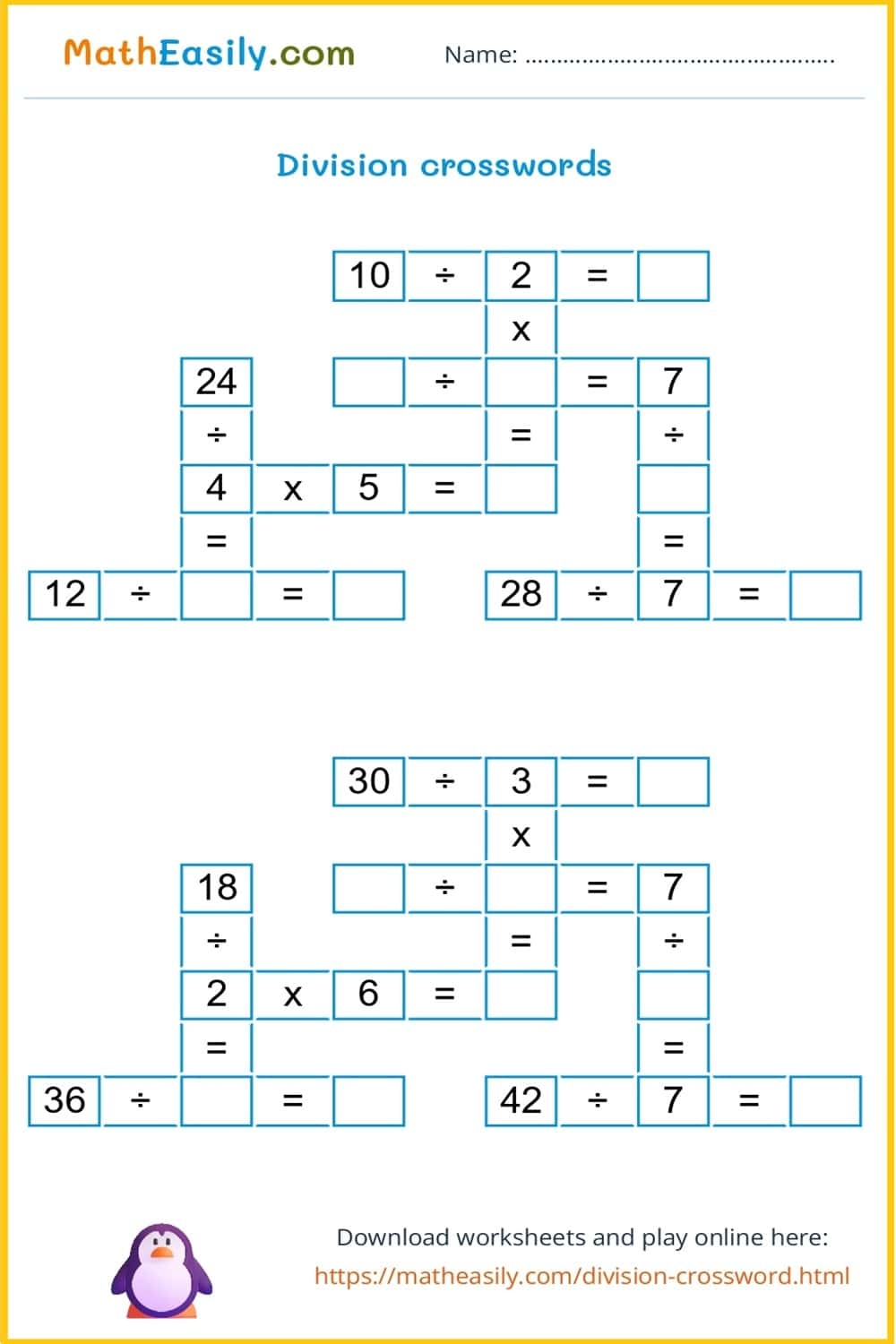 Math Crosswords ONLINE Printable