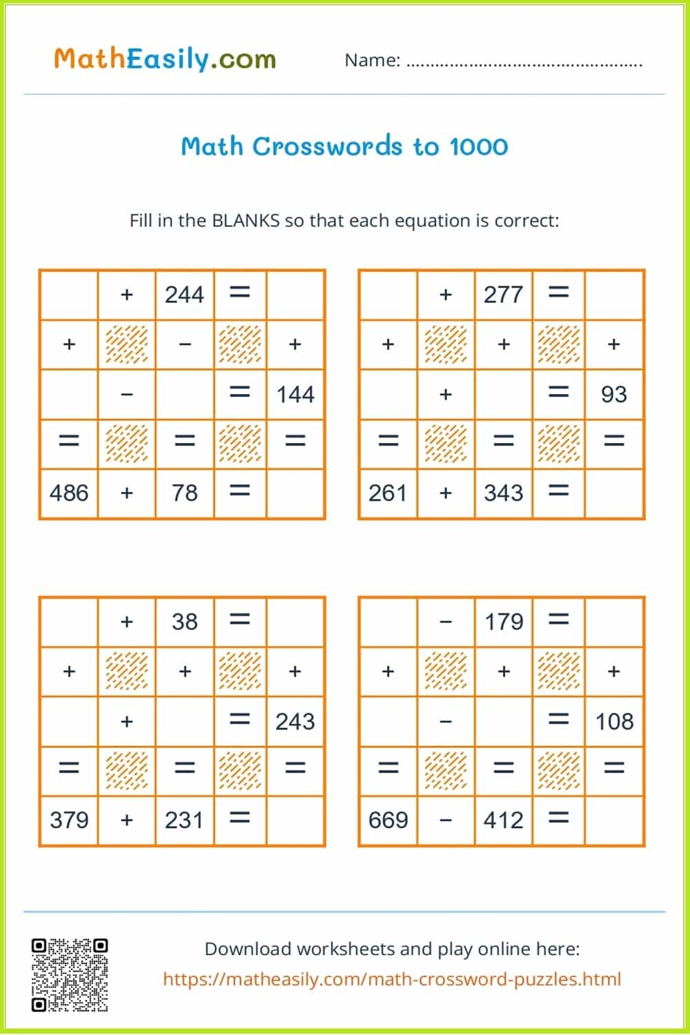 Math Crosswords ONLINE Printable