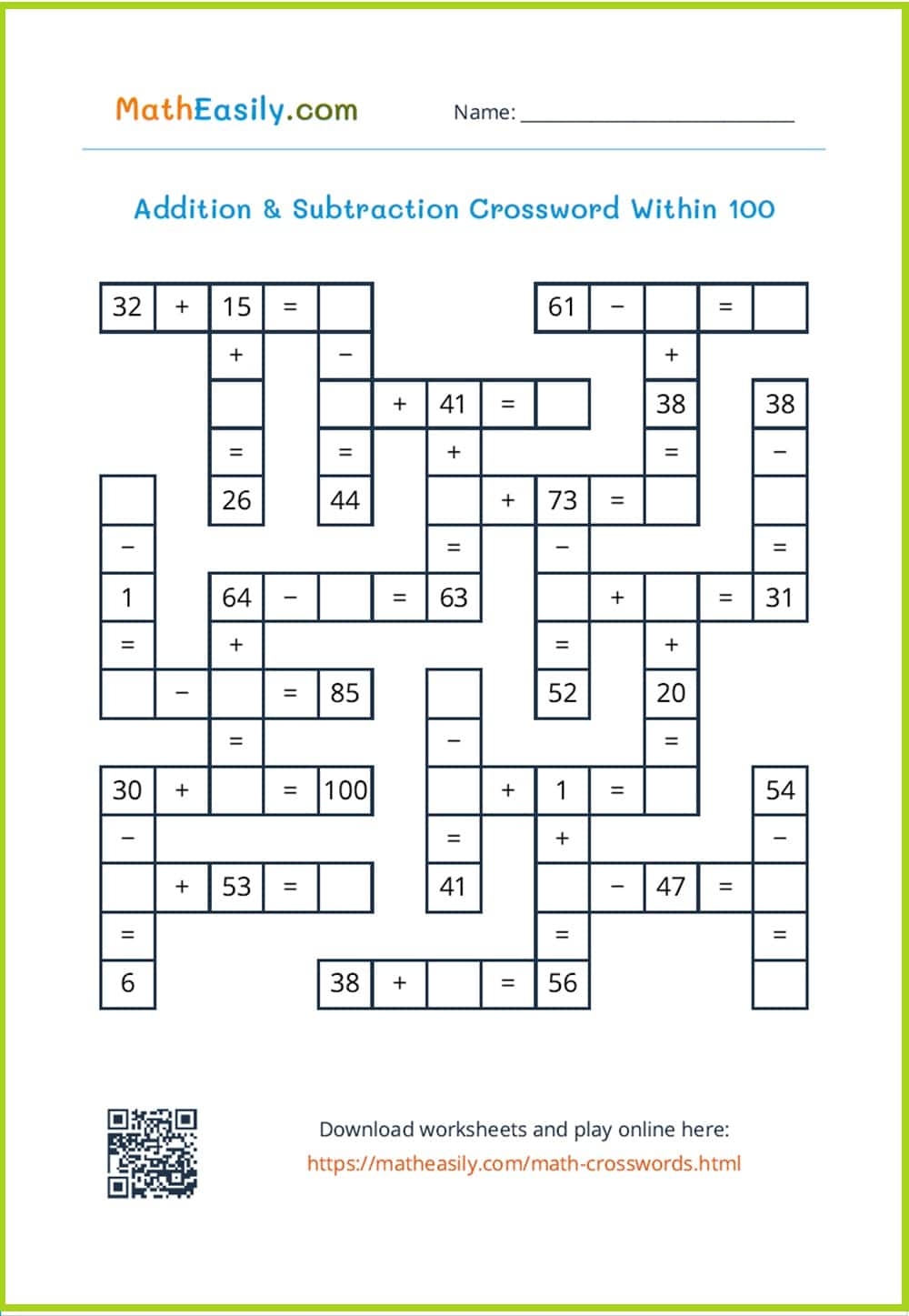 Math Crosswords ONLINE Printable