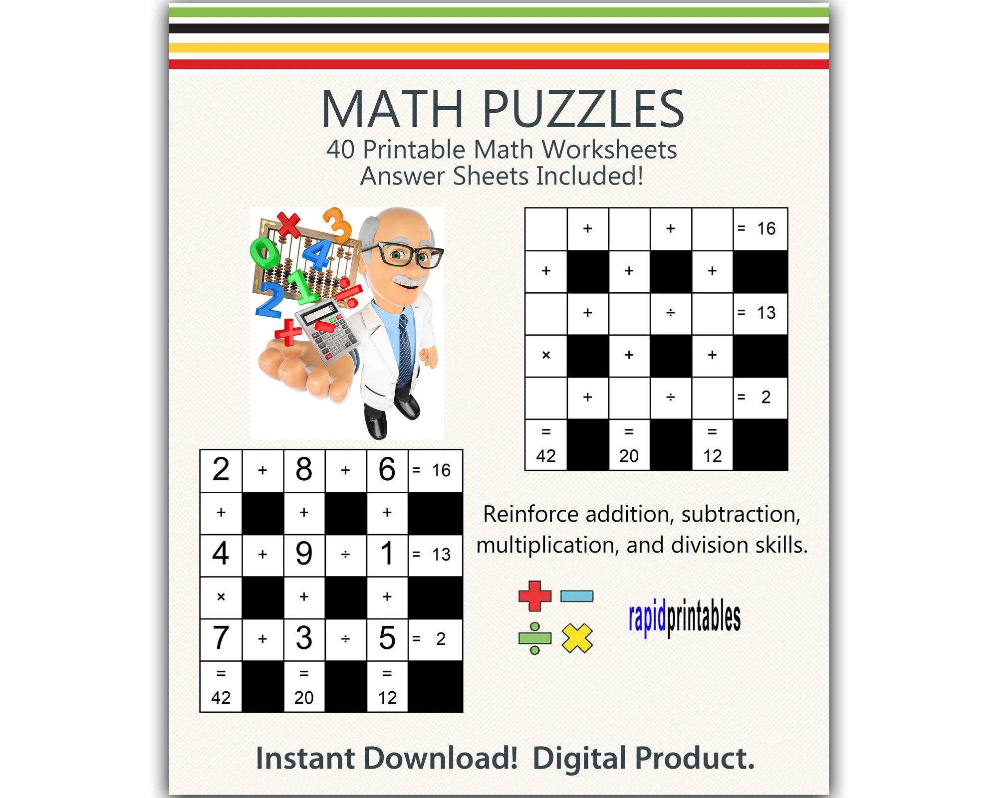 Math Printable Worksheets 40 Math Puzzle Worksheets To Reinforce Addition Subtraction Multiplication And Division Skills In Children Etsy