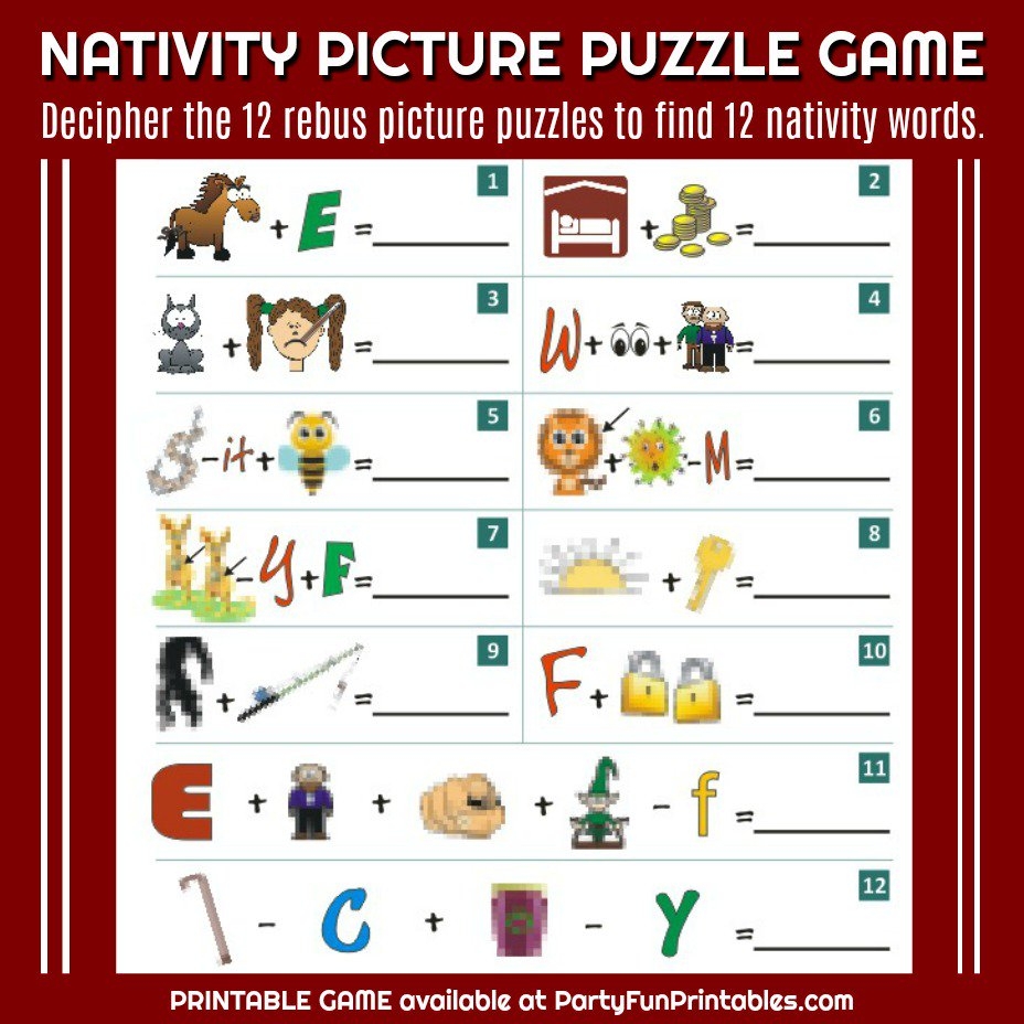 Nativity Christmas Picture Puzzle Game Solve 12 Rebus Puzzles To Discover 12 Nativity Words Https t co JmAZZmD0aR Christmas partygame picturepuzzle rebus