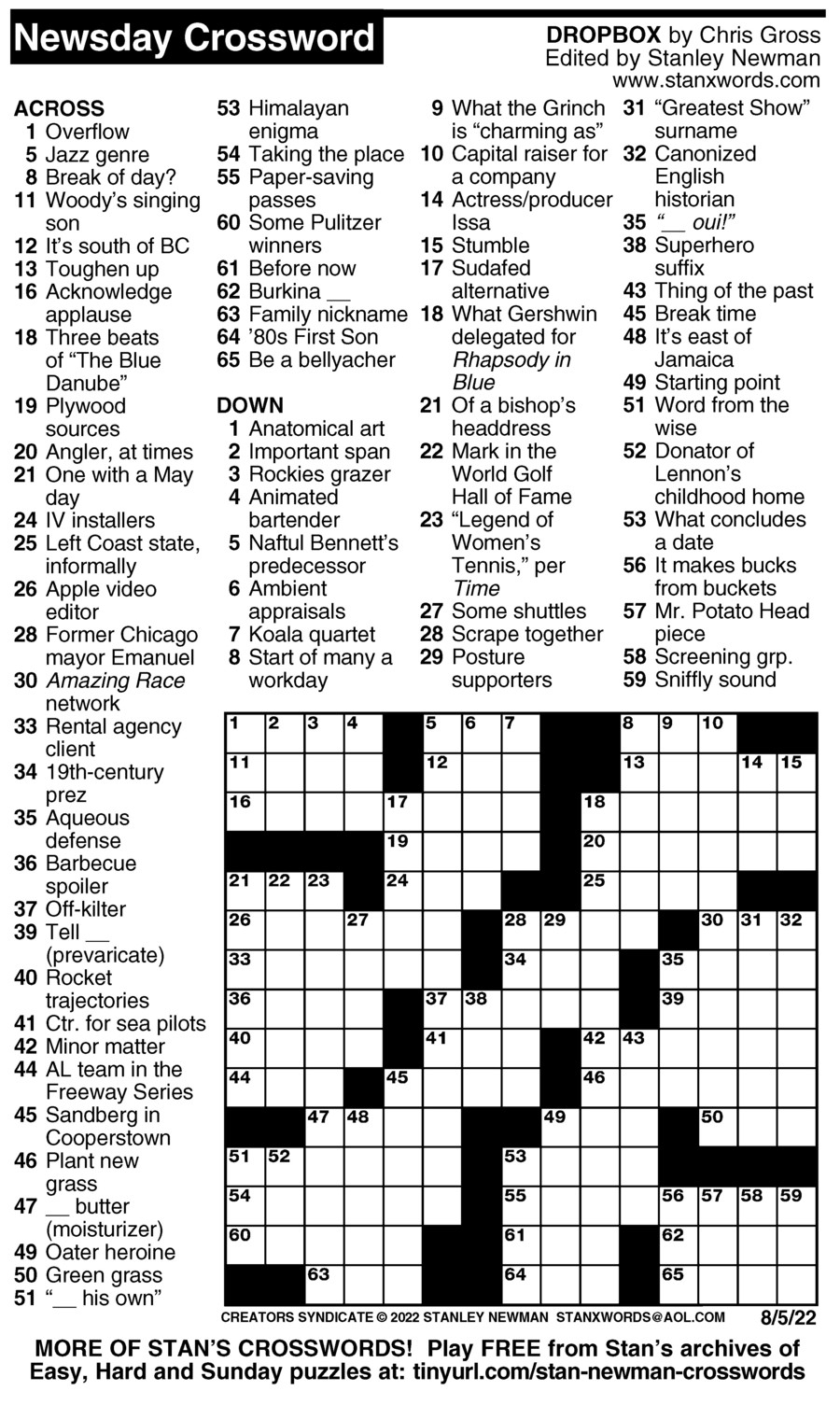 Newsday Crossword Puzzle For Aug 05 2022 By Stanley Newman Creators Syndicate