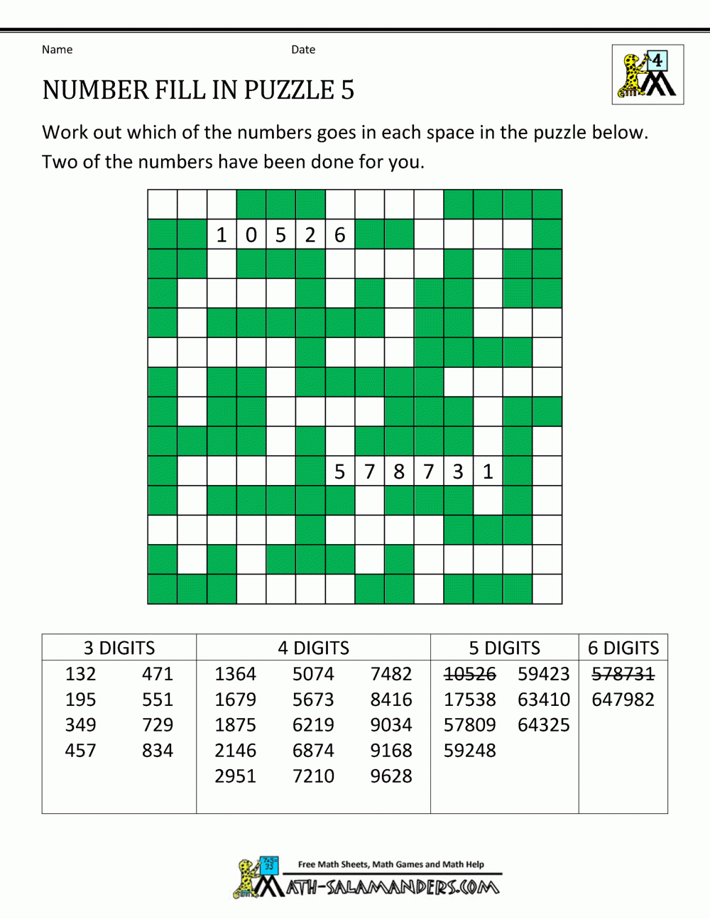 Number Fill In Puzzles Free Printable