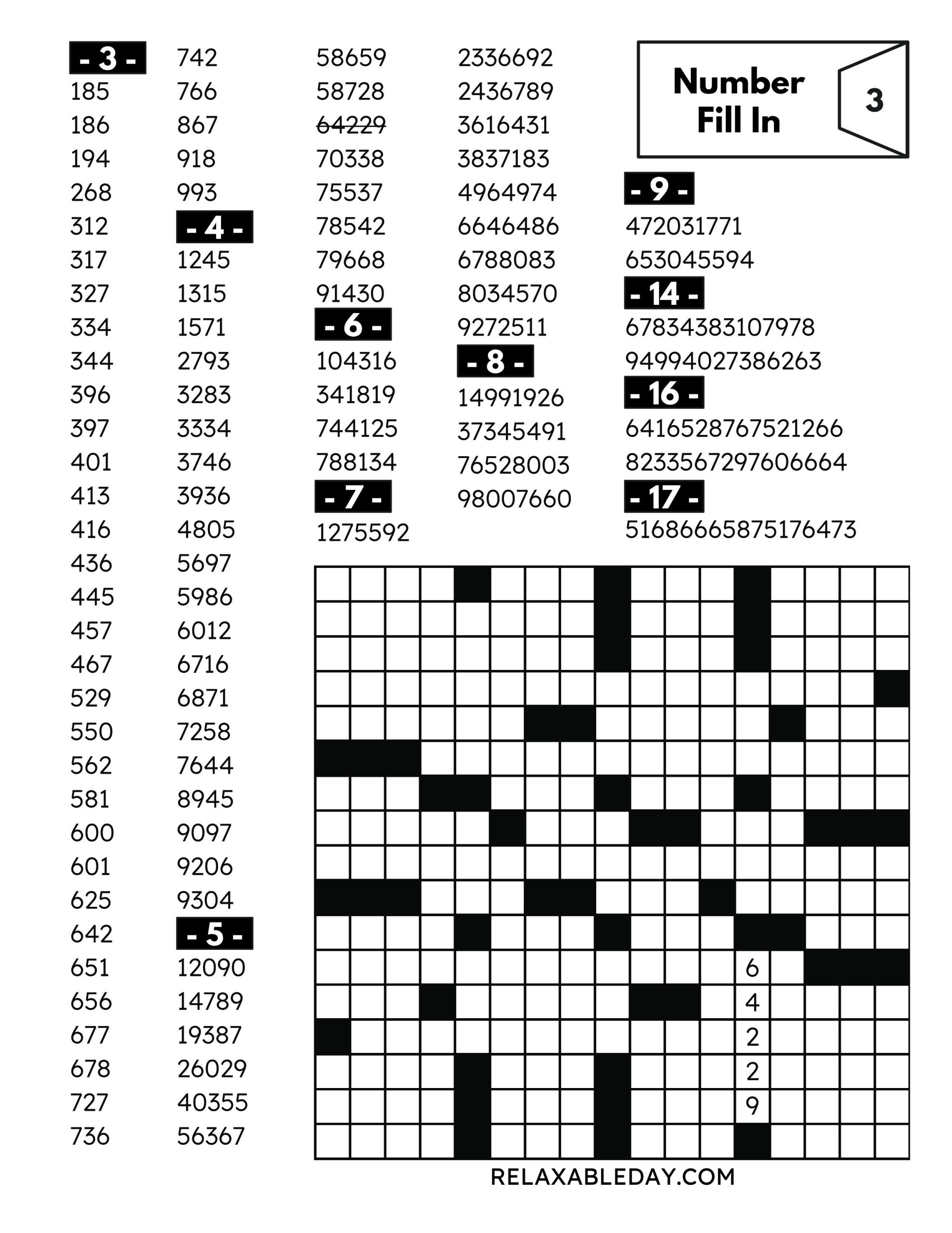 NUMBER FILL IN PUZZLES Relaxable Day